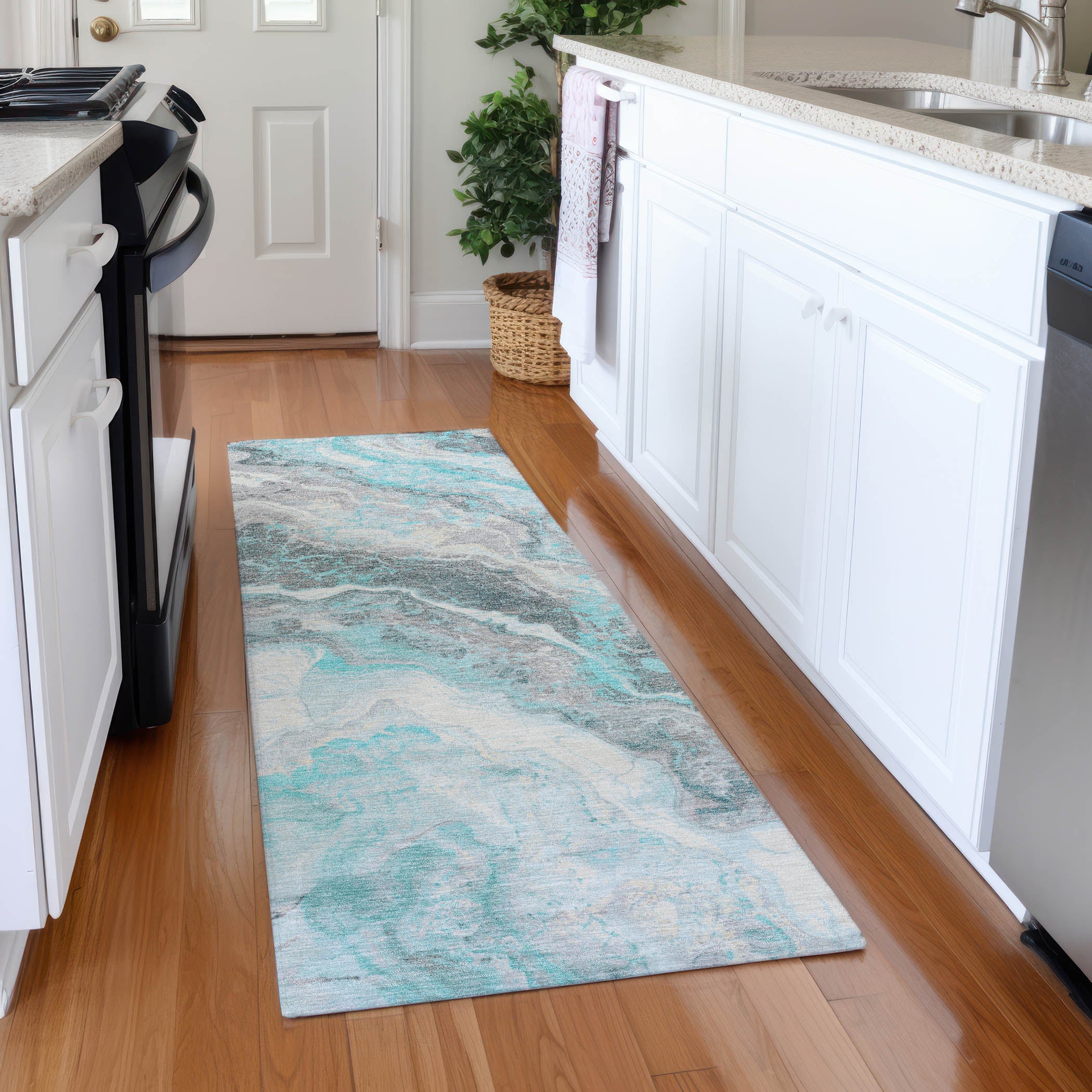 Reykjavik Machine Washable Transitional Teal Rug 2'3" x 7'6" #shape_Runner