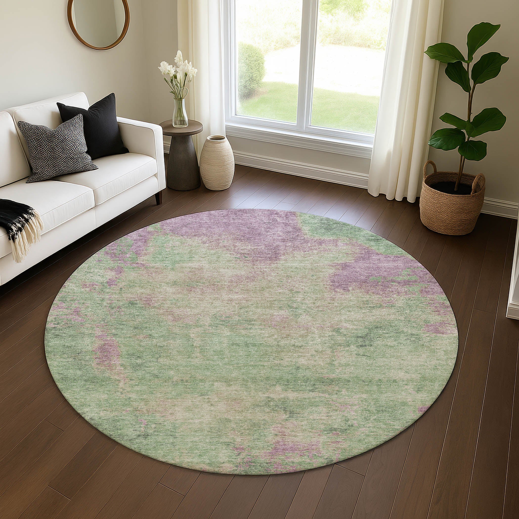 Seoul Machine Washable Transitional Aloe Green Rug 8' x 8' #shape_Round
