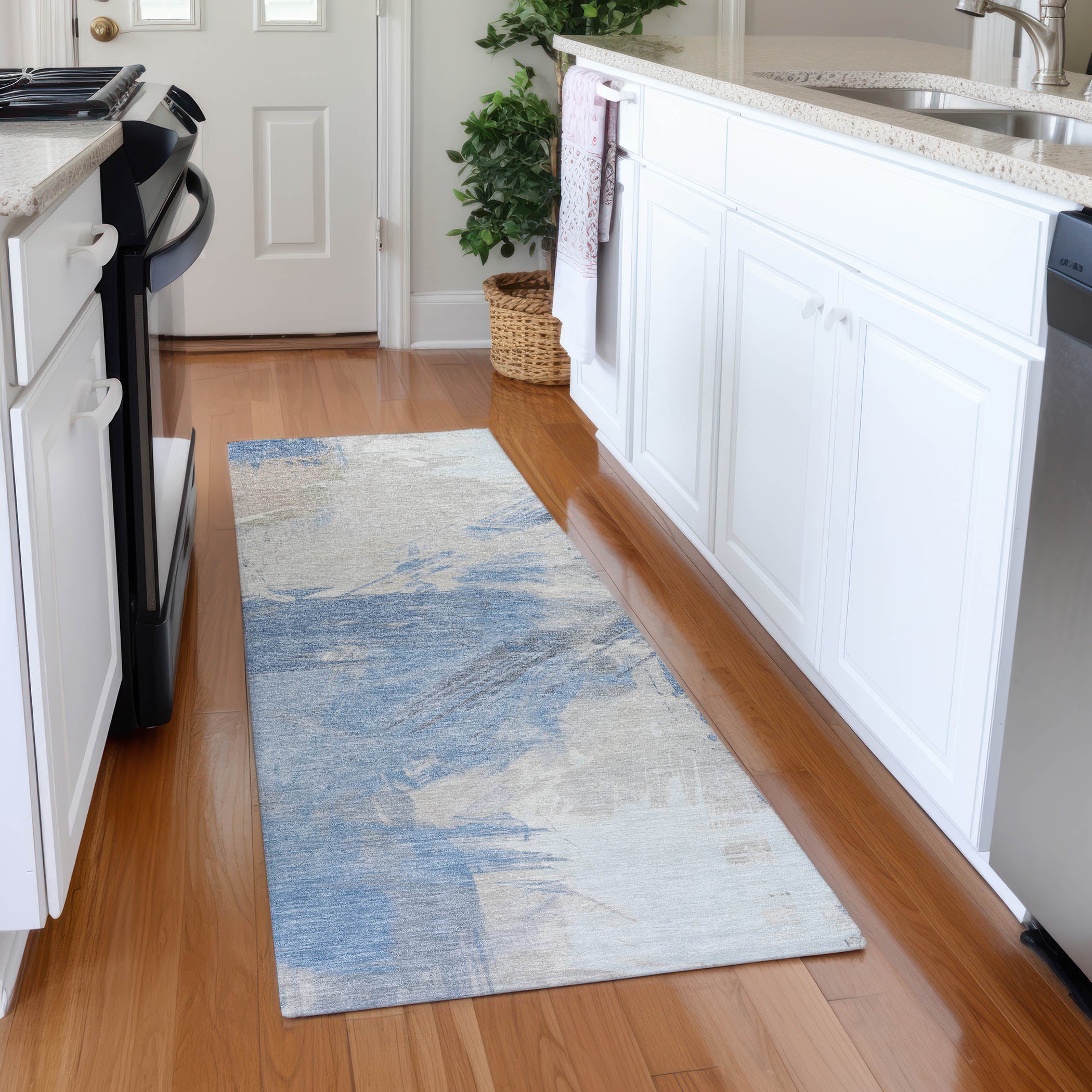 Antigua Machine Washable Transitional Denim Blue Rug 2'3" x 7'6" #shape_Runner