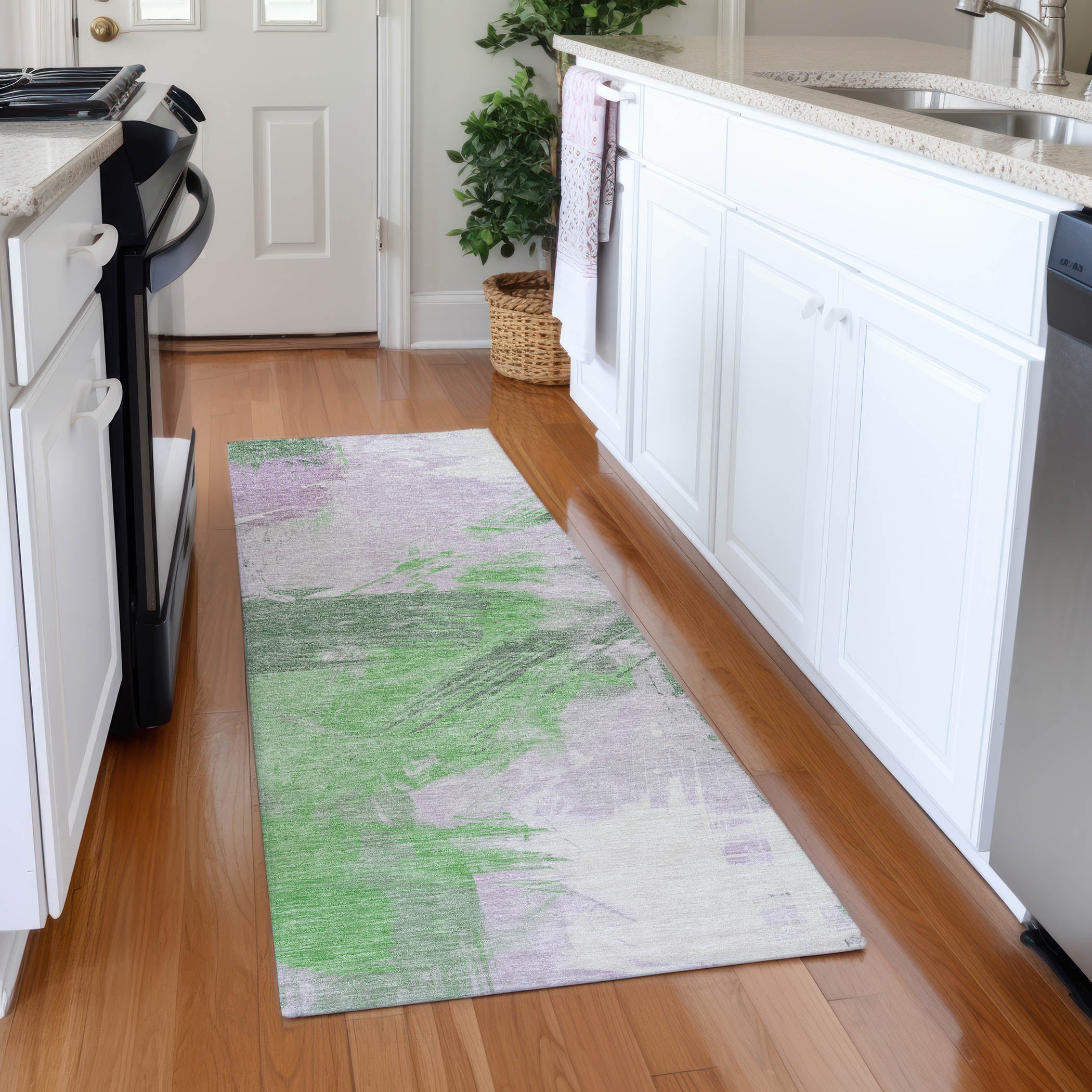 Antigua Machine Washable Transitional Green Rug 2'3" x 7'6" #shape_Runner