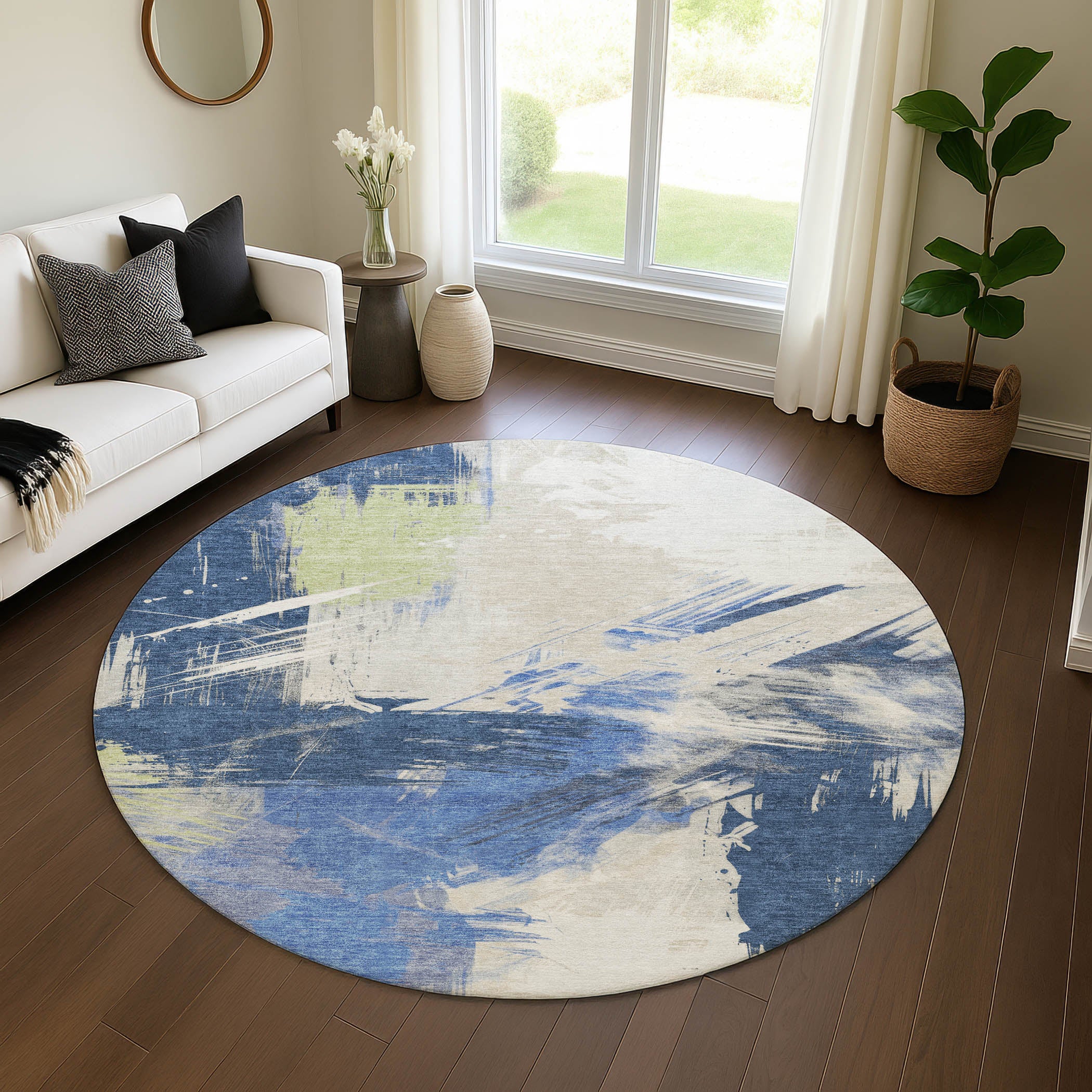 Antigua Machine Washable Transitional Navy Blue Rug 8' x 8' #shape_Round