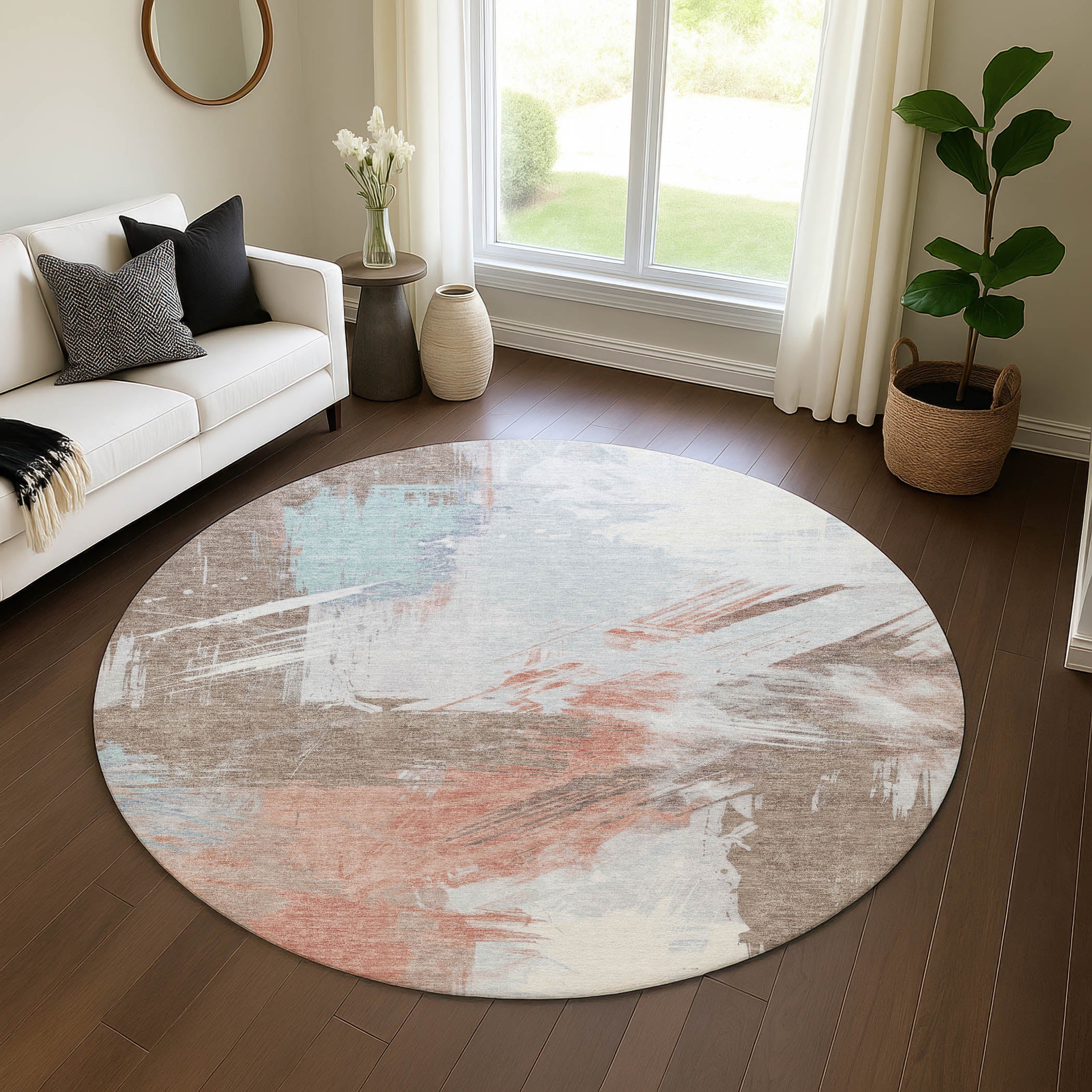 Antigua Machine Washable Transitional Taupe Brown Rug 8' x 8' #shape_Round