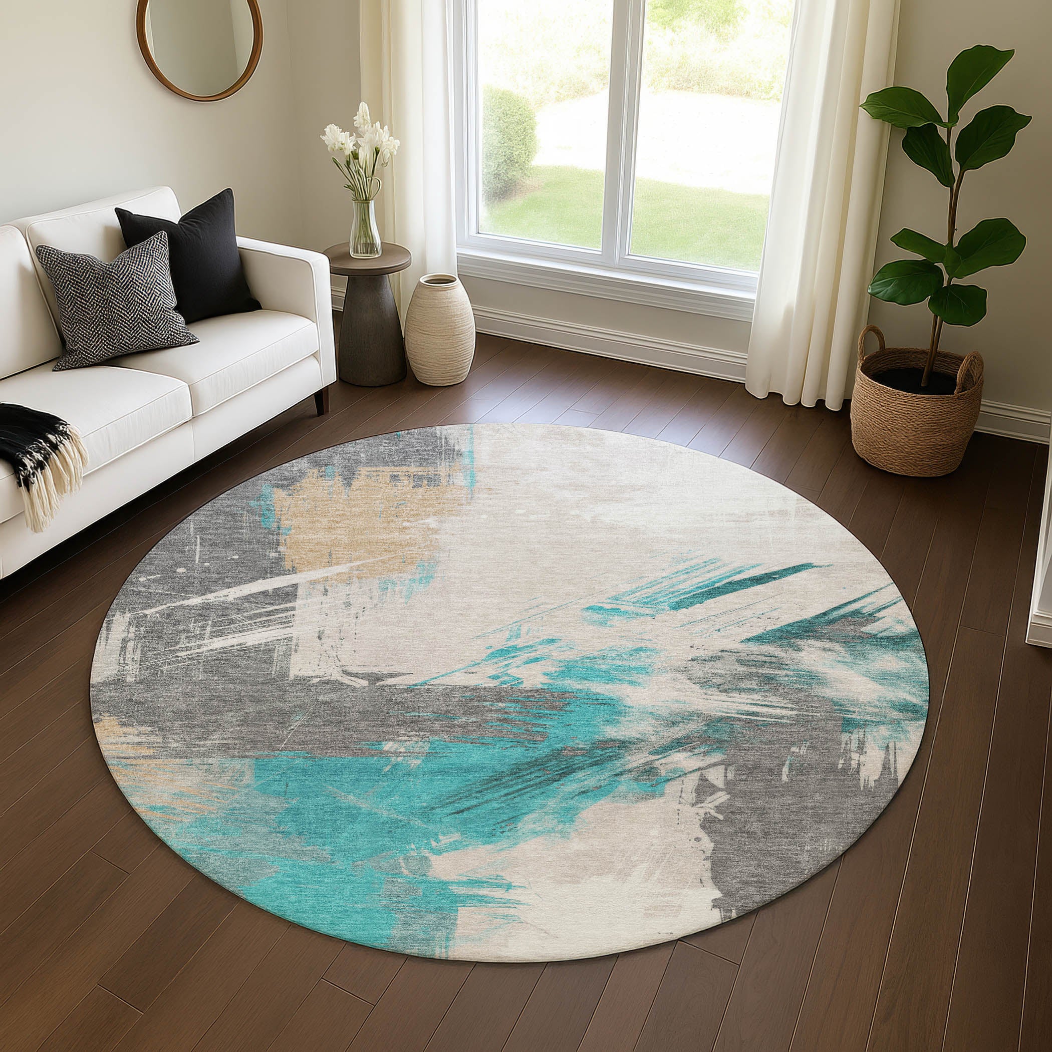Antigua Machine Washable Transitional Teal Rug 8' x 8' #shape_Round