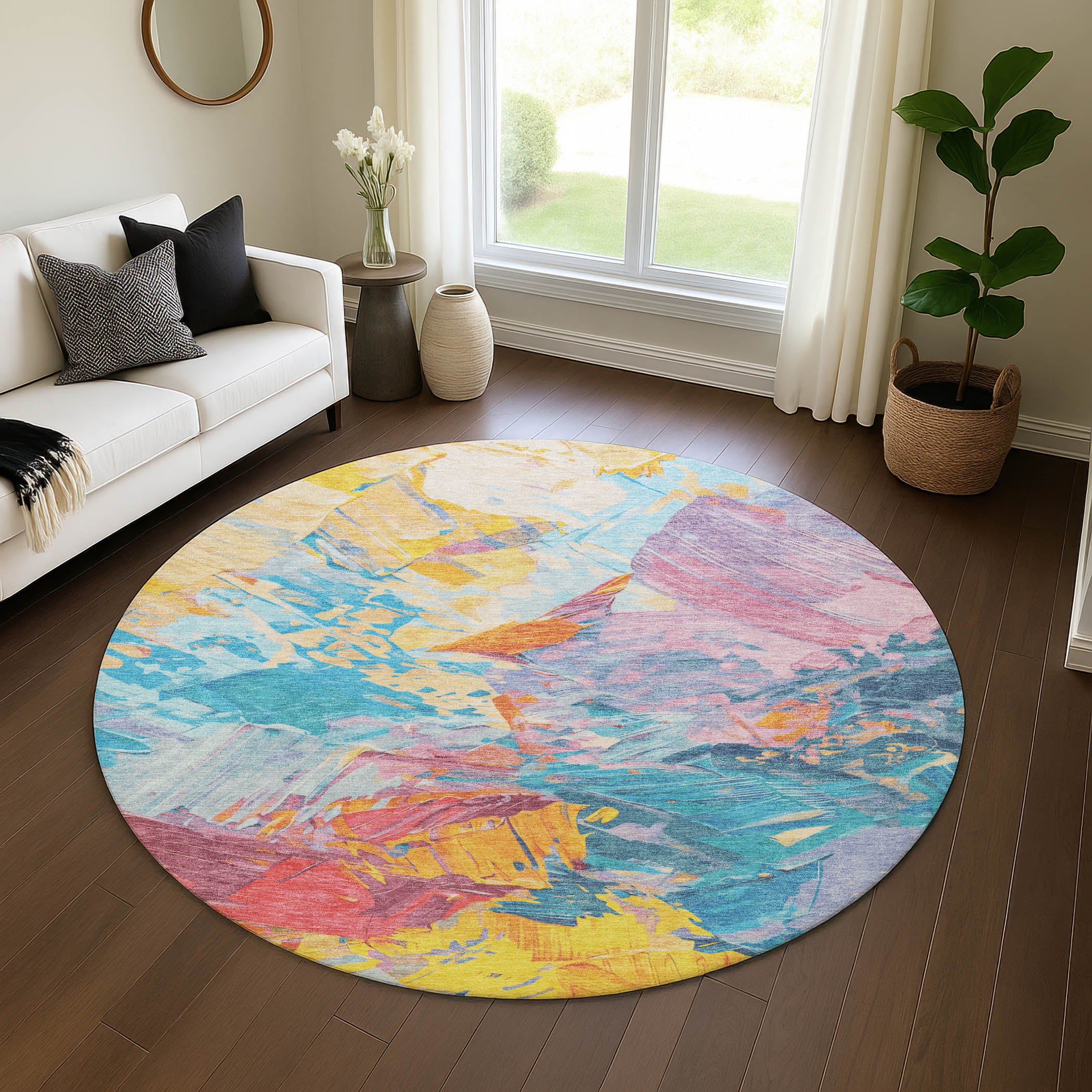 Havana Machine Washable Transitional Blue Rug 8' x 8' #shape_Round