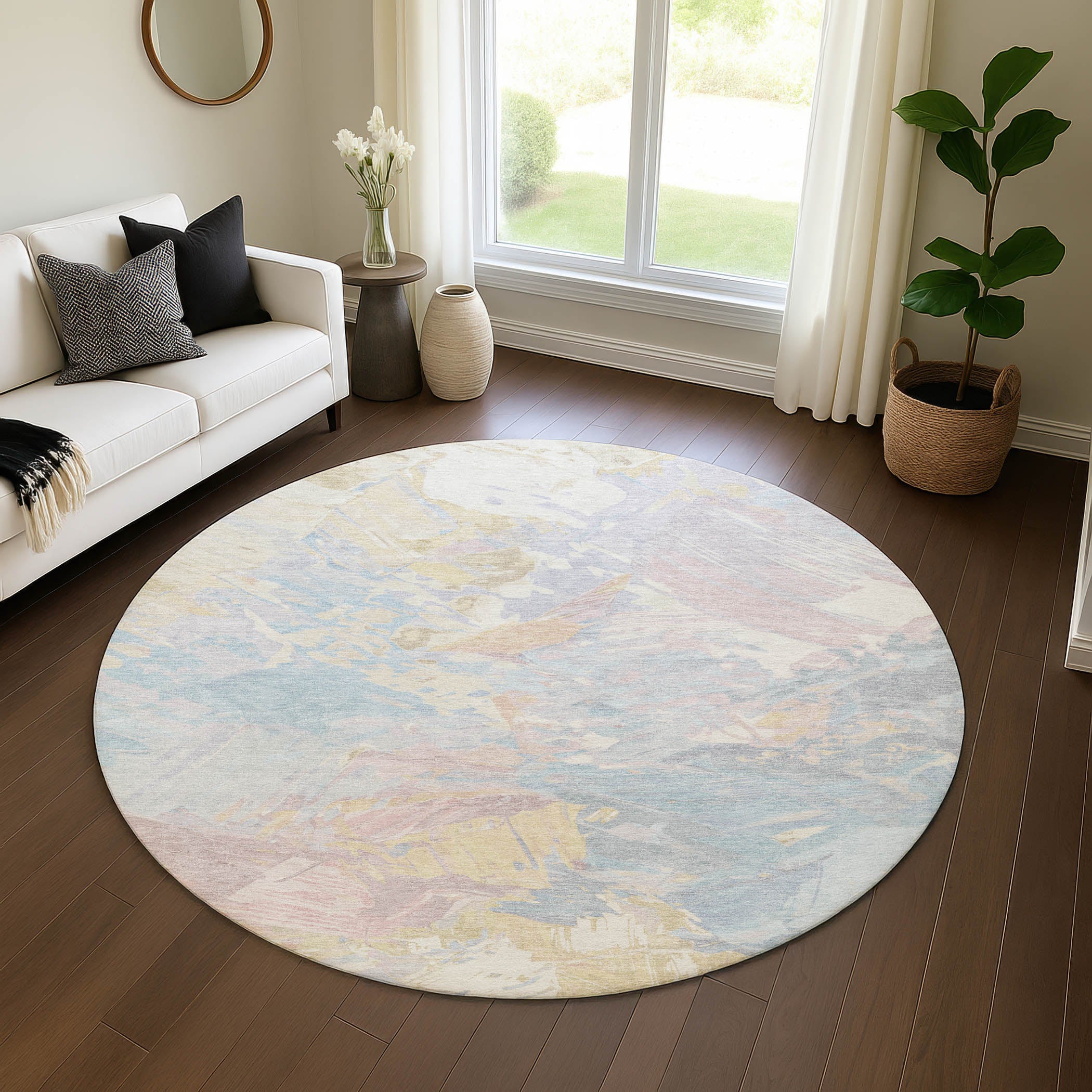 Havana Machine Washable Transitional Sky Blue Rug 8' x 8' #shape_Round