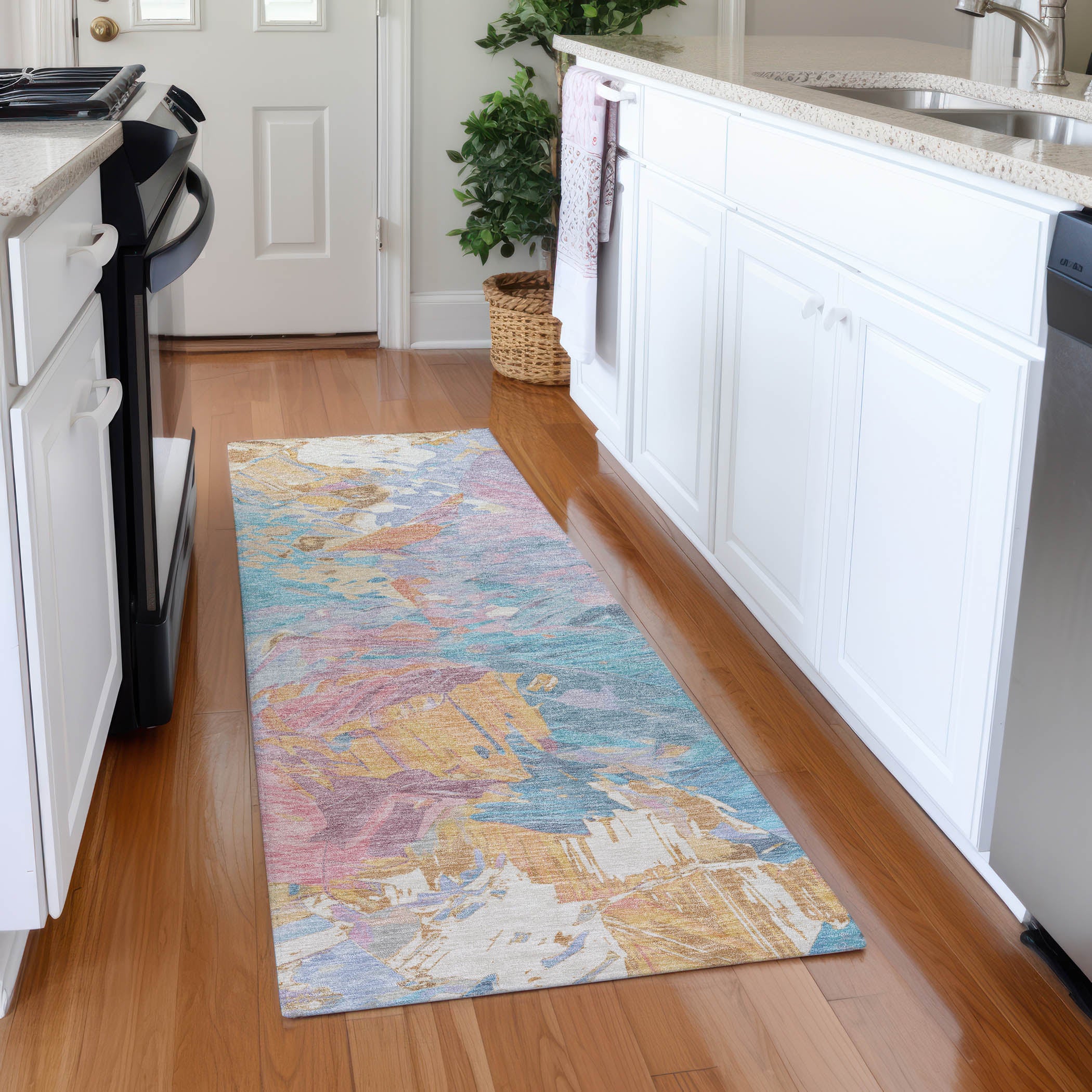Havana Machine Washable Transitional Teal Rug 2'3" x 7'6" #shape_Runner