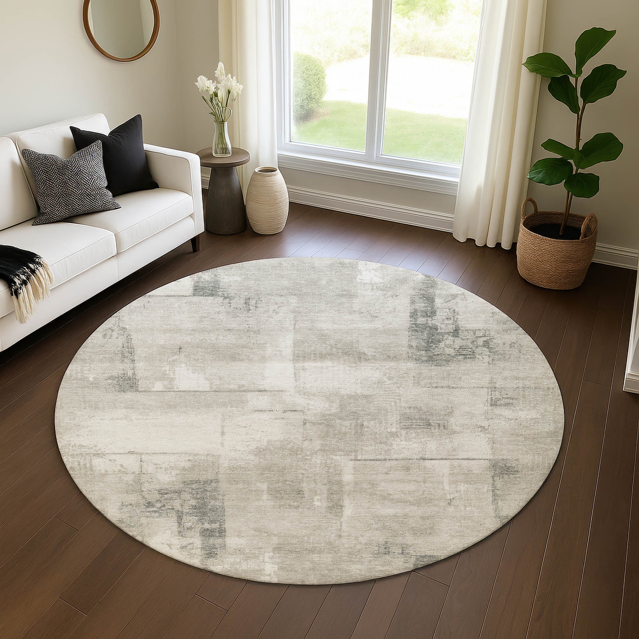Athens Machine Washable Transitional Beige Brown Rug 8' x 8' #shape_Round
