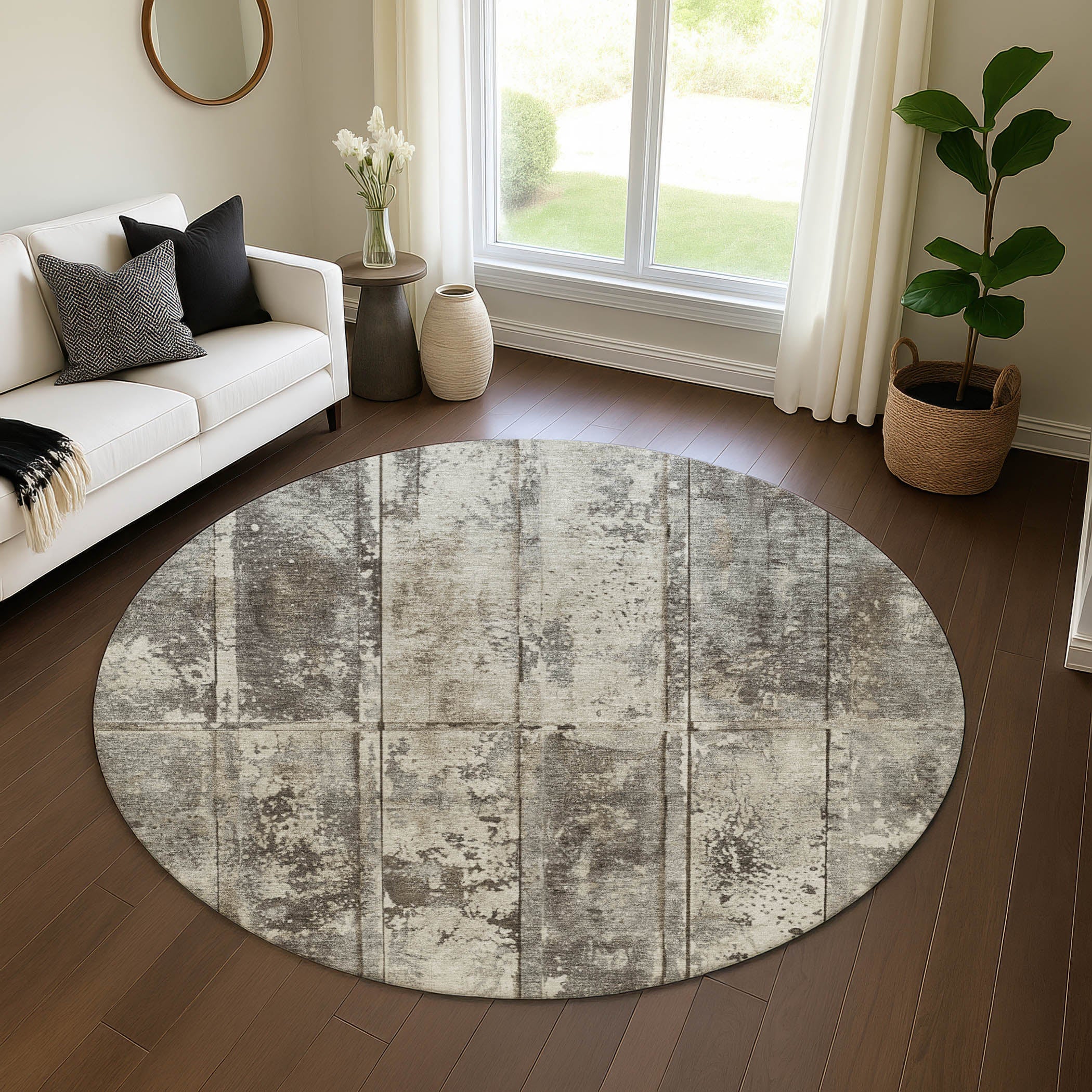 Athens Machine Washable Transitional Taupe Brown Rug 8' x 8' #shape_Round
