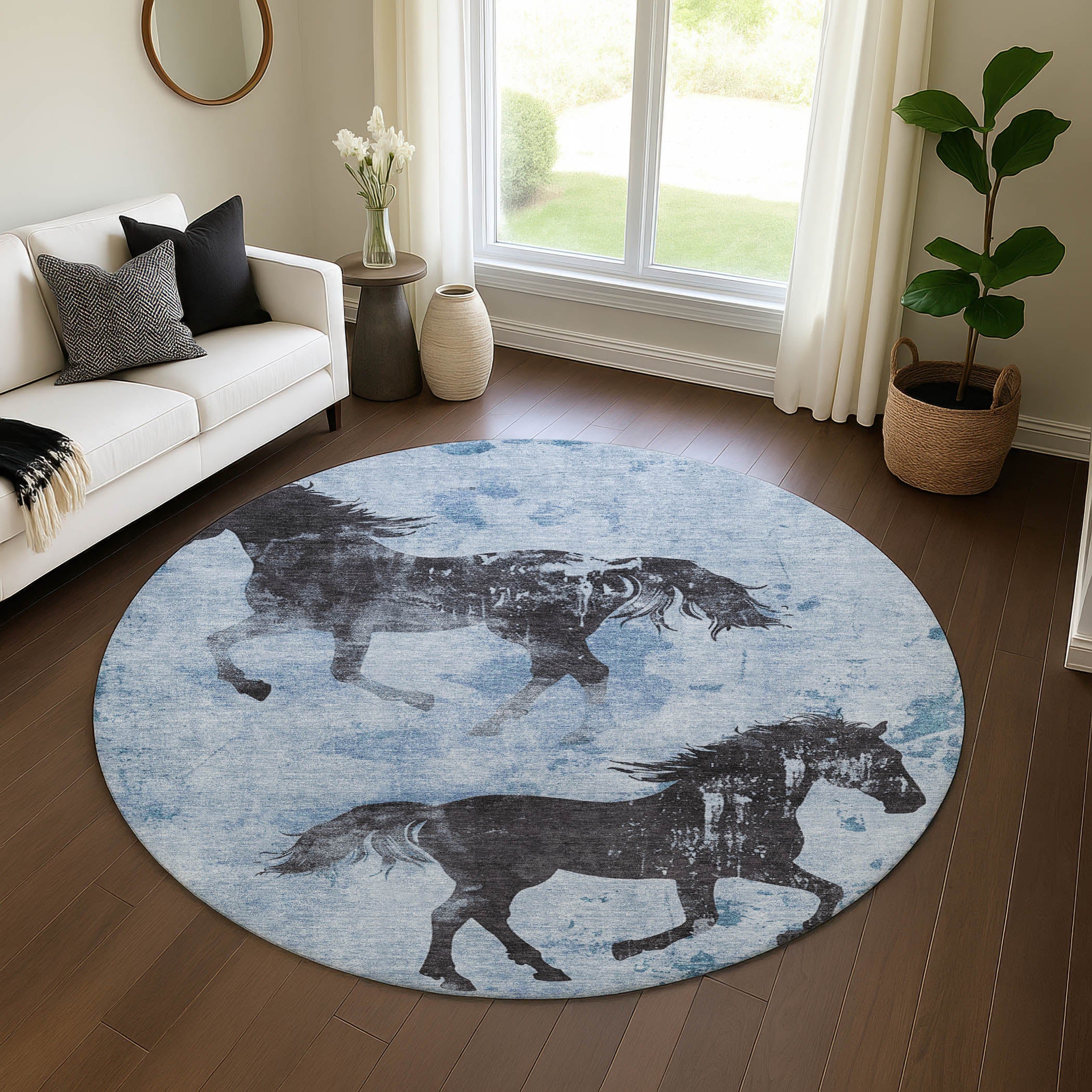 Lucerne Machine Washable Transitional Denim Blue Rug 8' x 8' #shape_Round