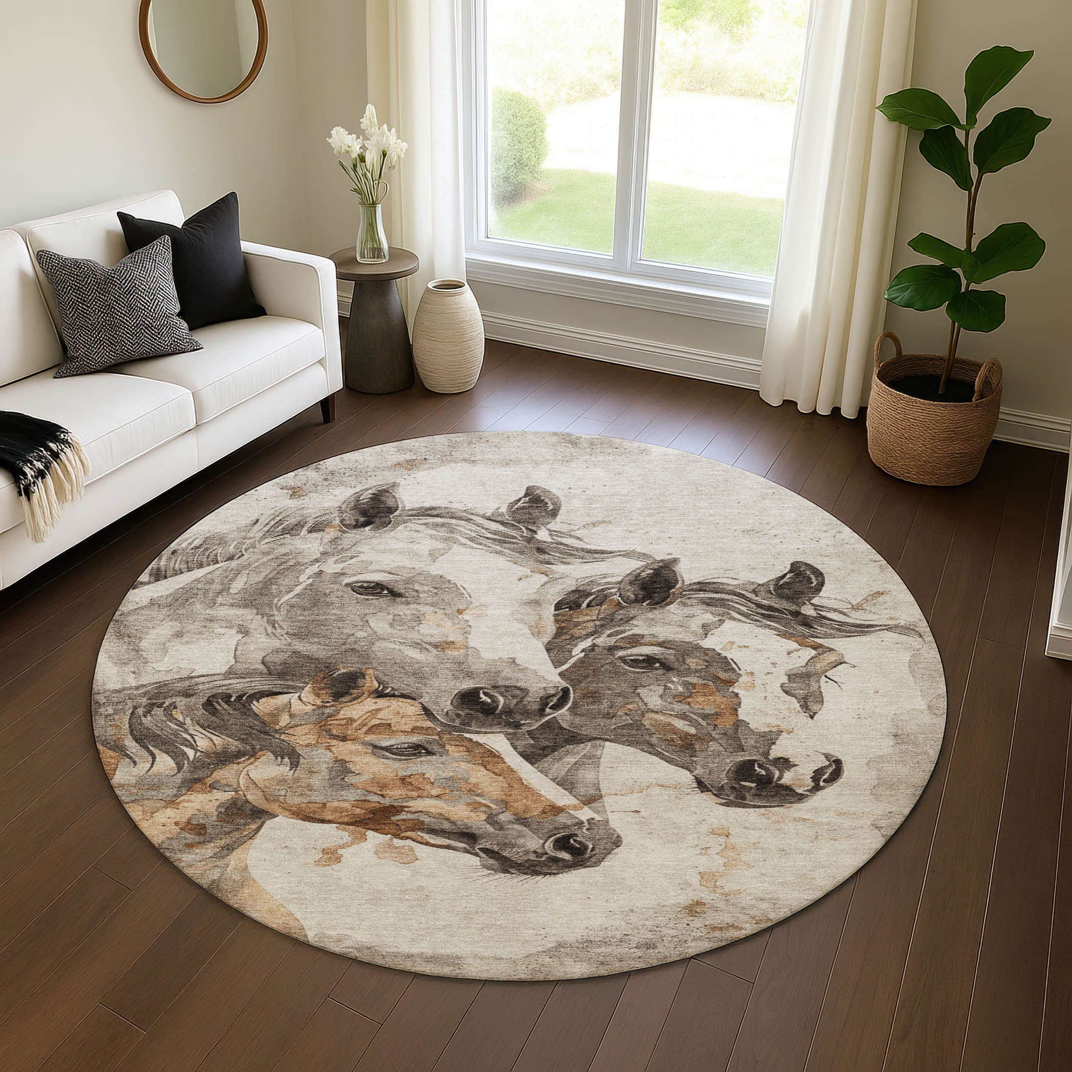 Vienna Machine Washable Transitional Beige Brown Rug 8' x 8' #shape_Round