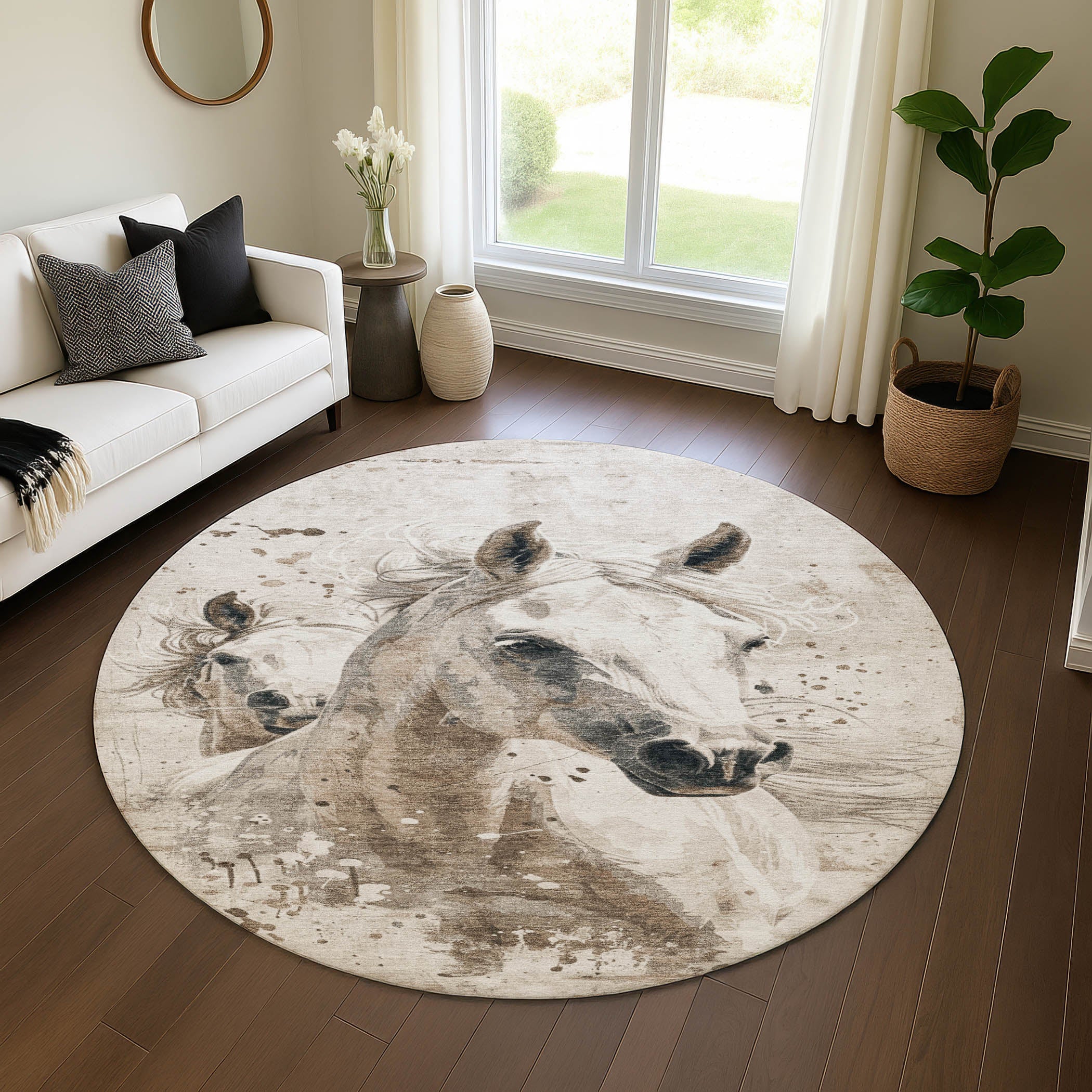 Split Machine Washable Transitional Ivory Rug 8' x 8' #shape_Round