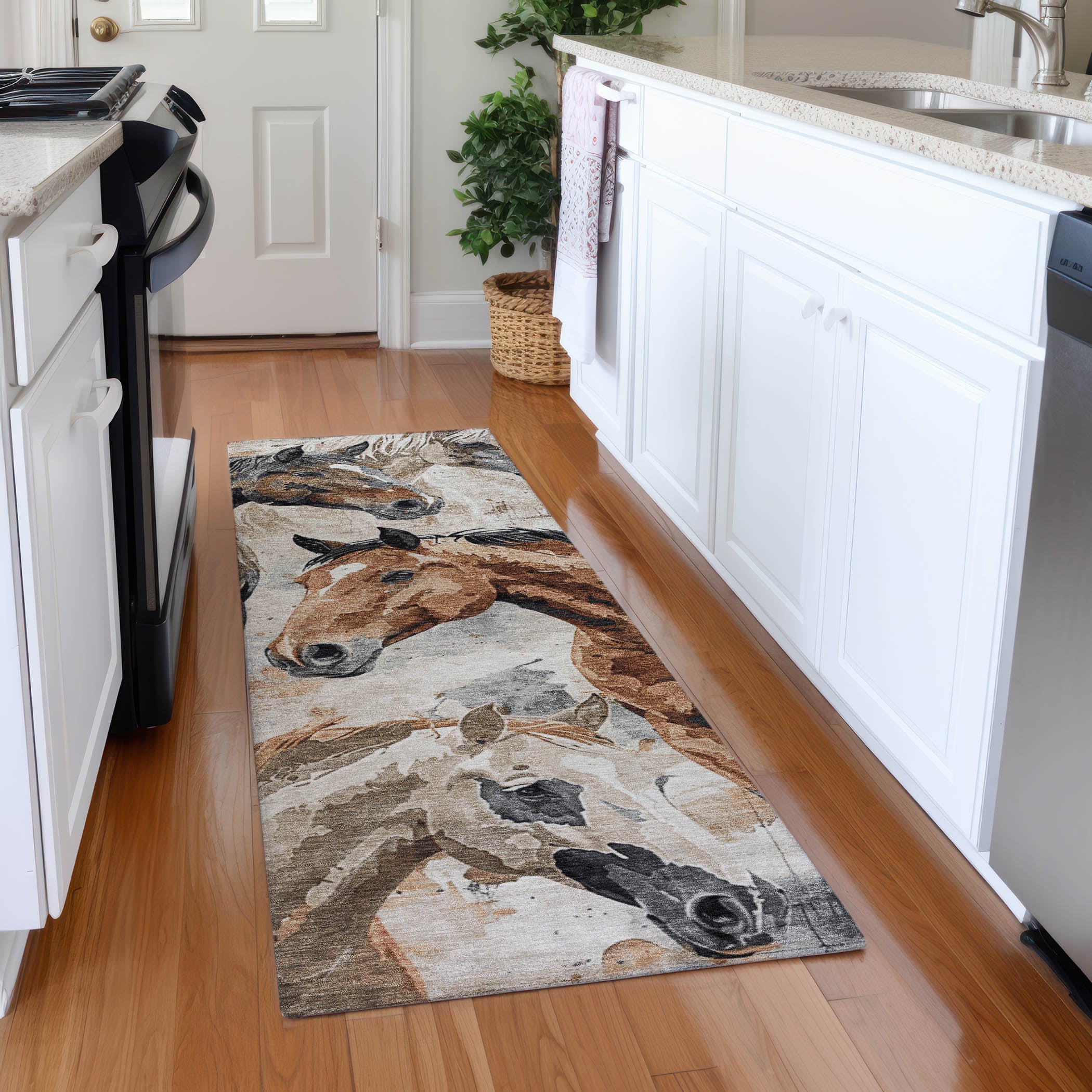 Oslo Machine Washable Transitional Beige Brown Rug 2'3" x 7'6" #shape_Runner