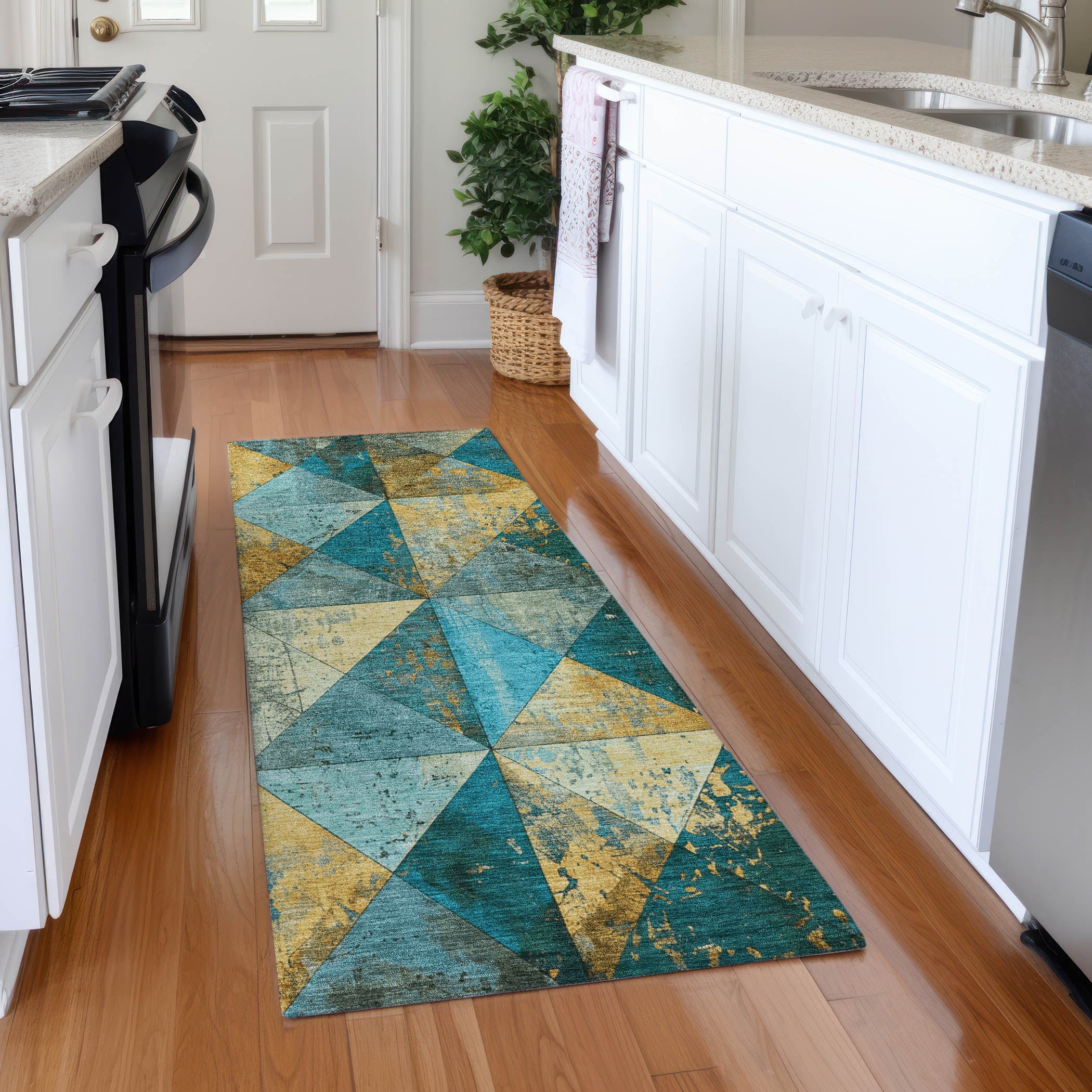 Havana Machine Washable Transitional Teal Rug 2'3" x 7'6" #shape_Runner