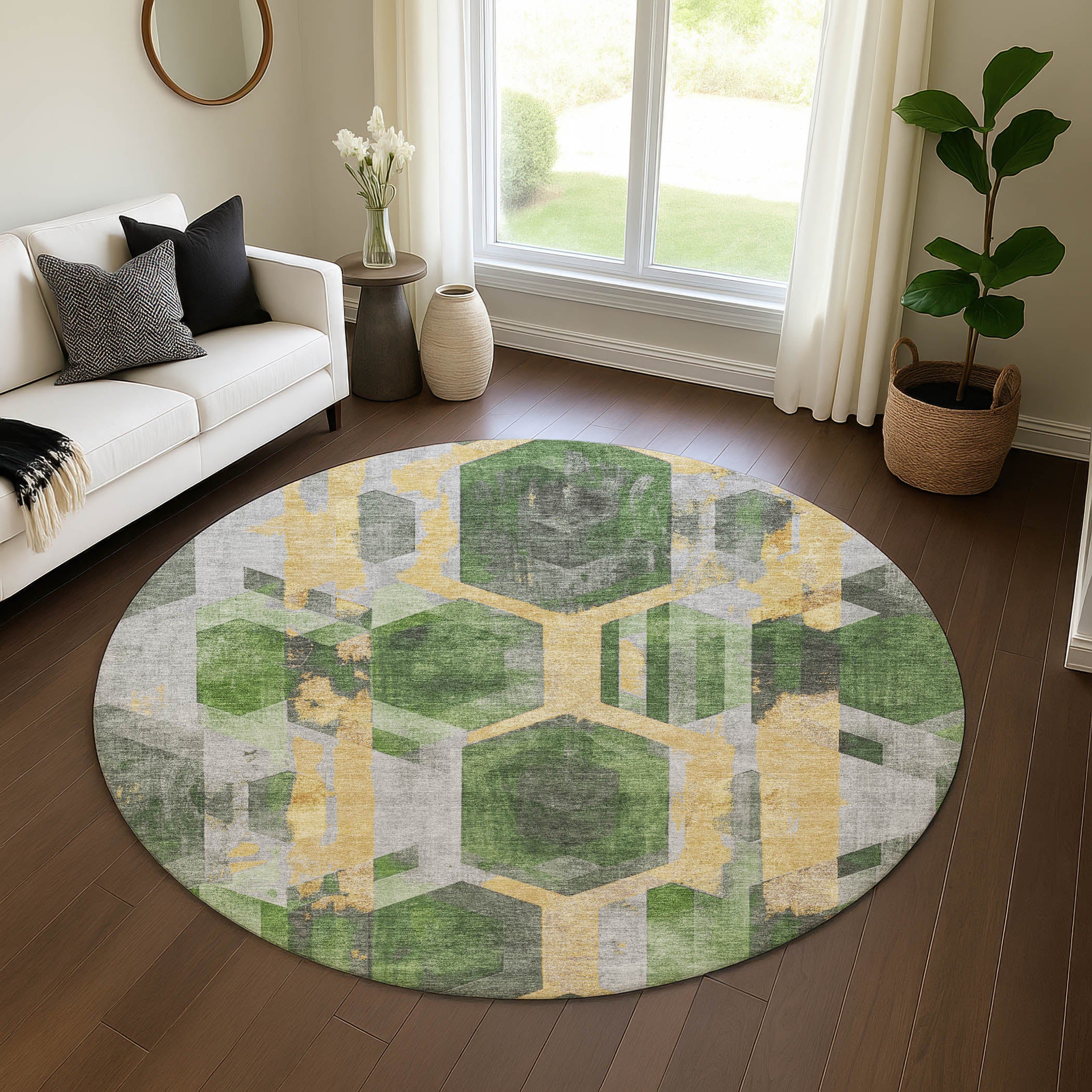 Montevideo Machine Washable Transitional Green Rug 8' x 8' #shape_Round