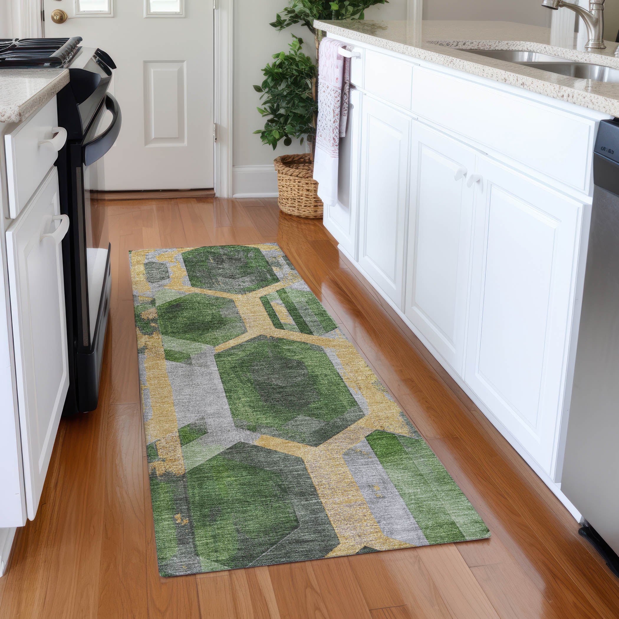Montevideo Machine Washable Transitional Green Rug 2'3" x 7'6" #shape_Runner
