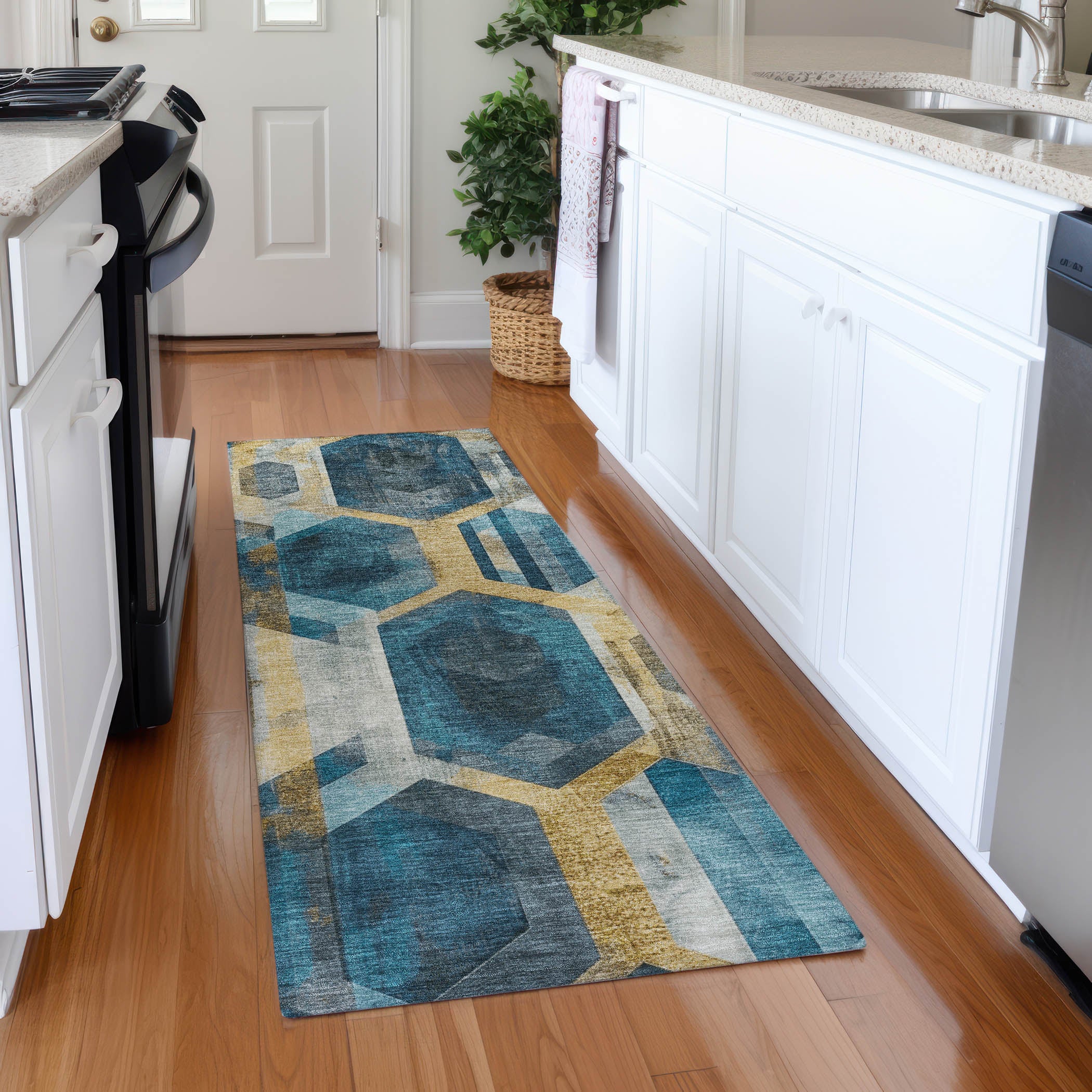 Montevideo Machine Washable Transitional Teal Rug 2'3" x 7'6" #shape_Runner