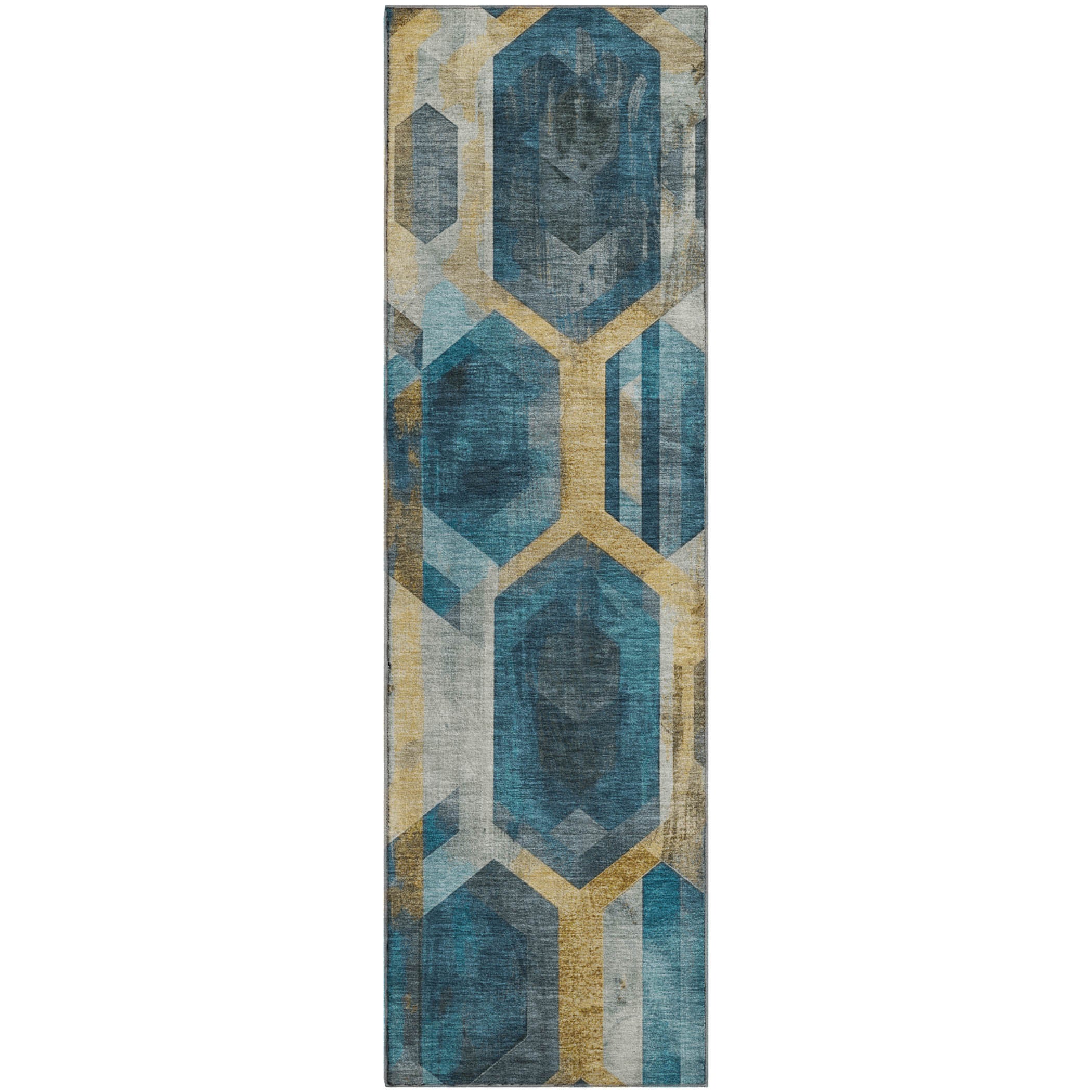 Montevideo Machine Washable Transitional Teal Rug 2'3" x 7'6" #shape_Runner