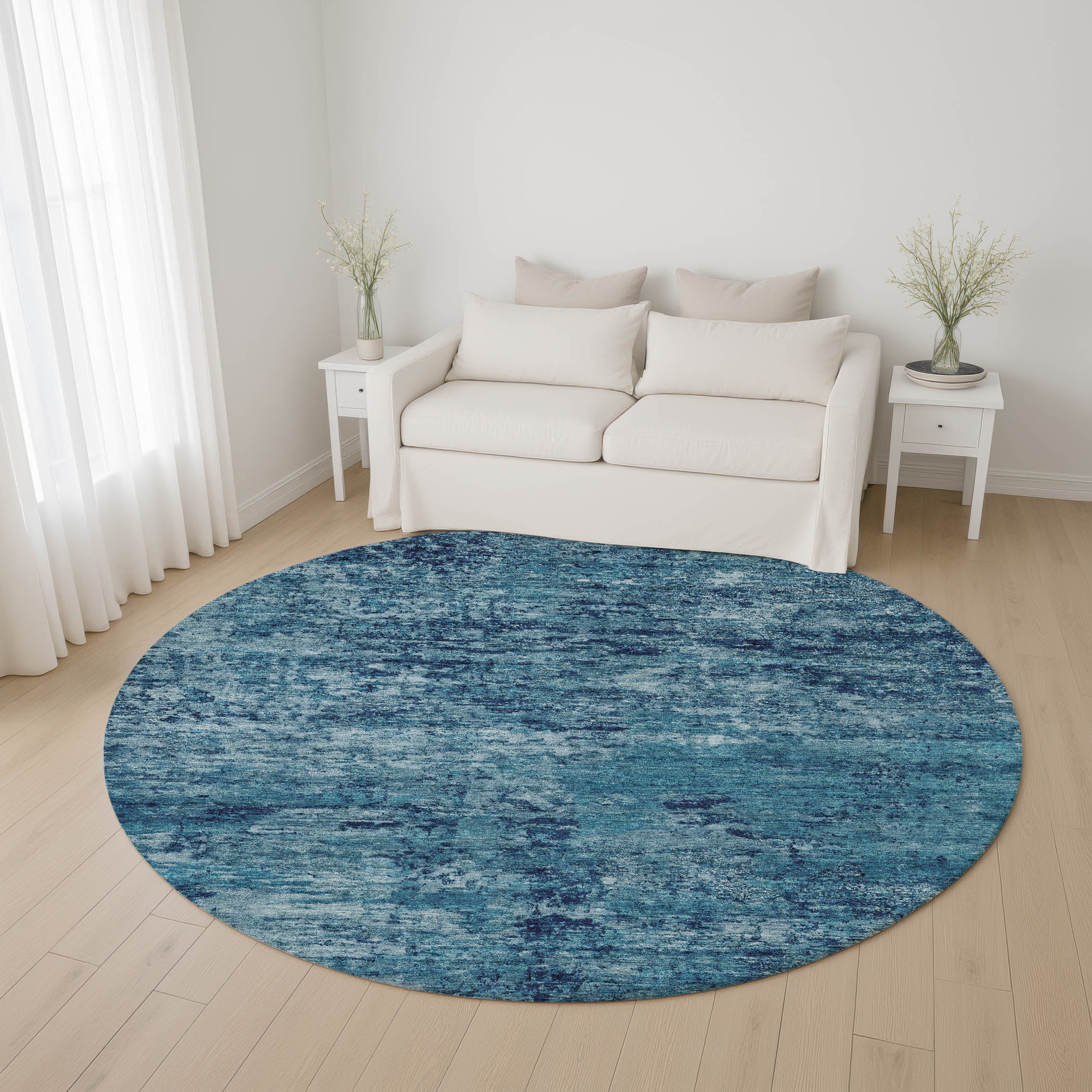 Queenstown Machine Washable Transitional Denim Blue Rug 8' x 8' #shape_Round