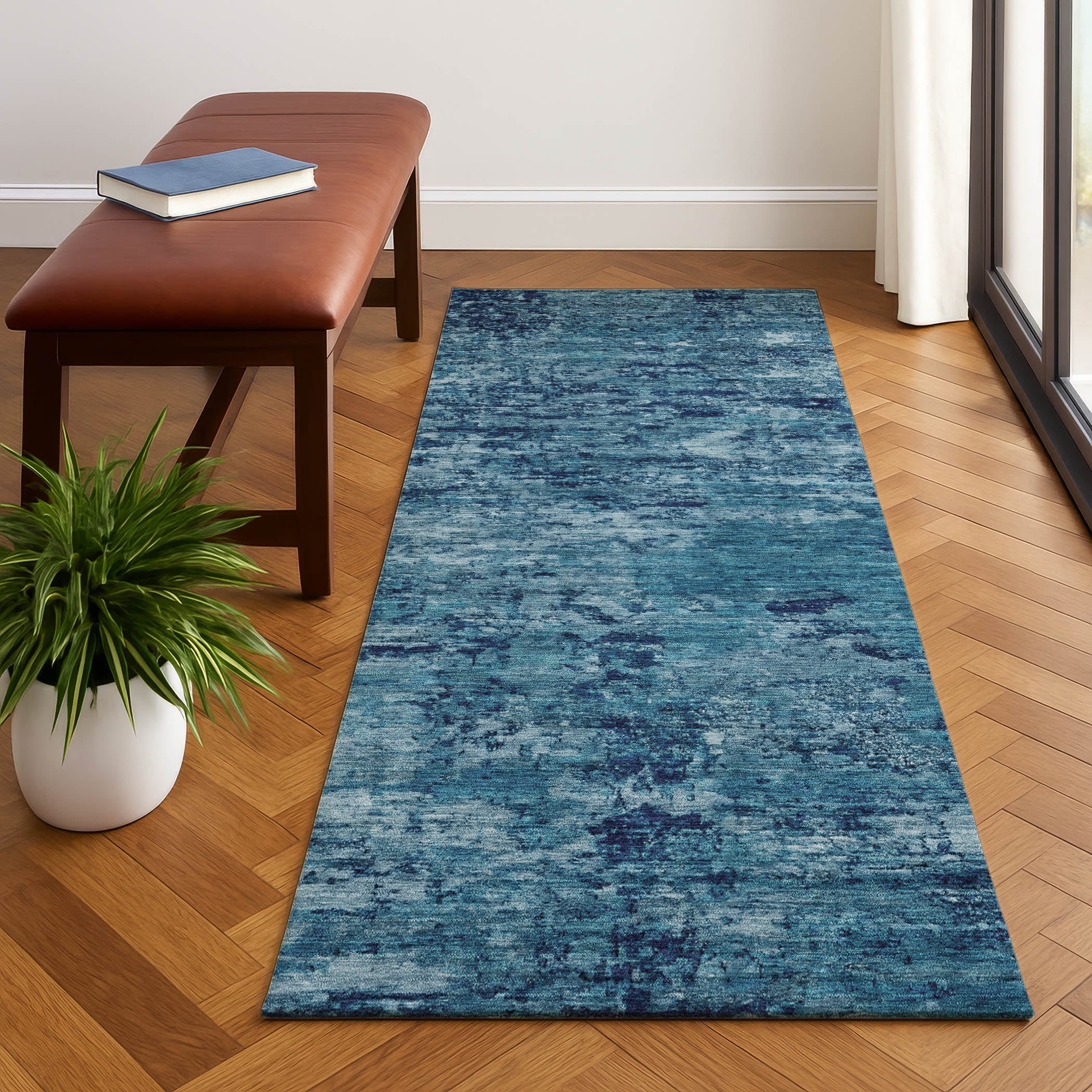 Queenstown Machine Washable Transitional Denim Blue Rug 2'3" x 7'6" #shape_Runner