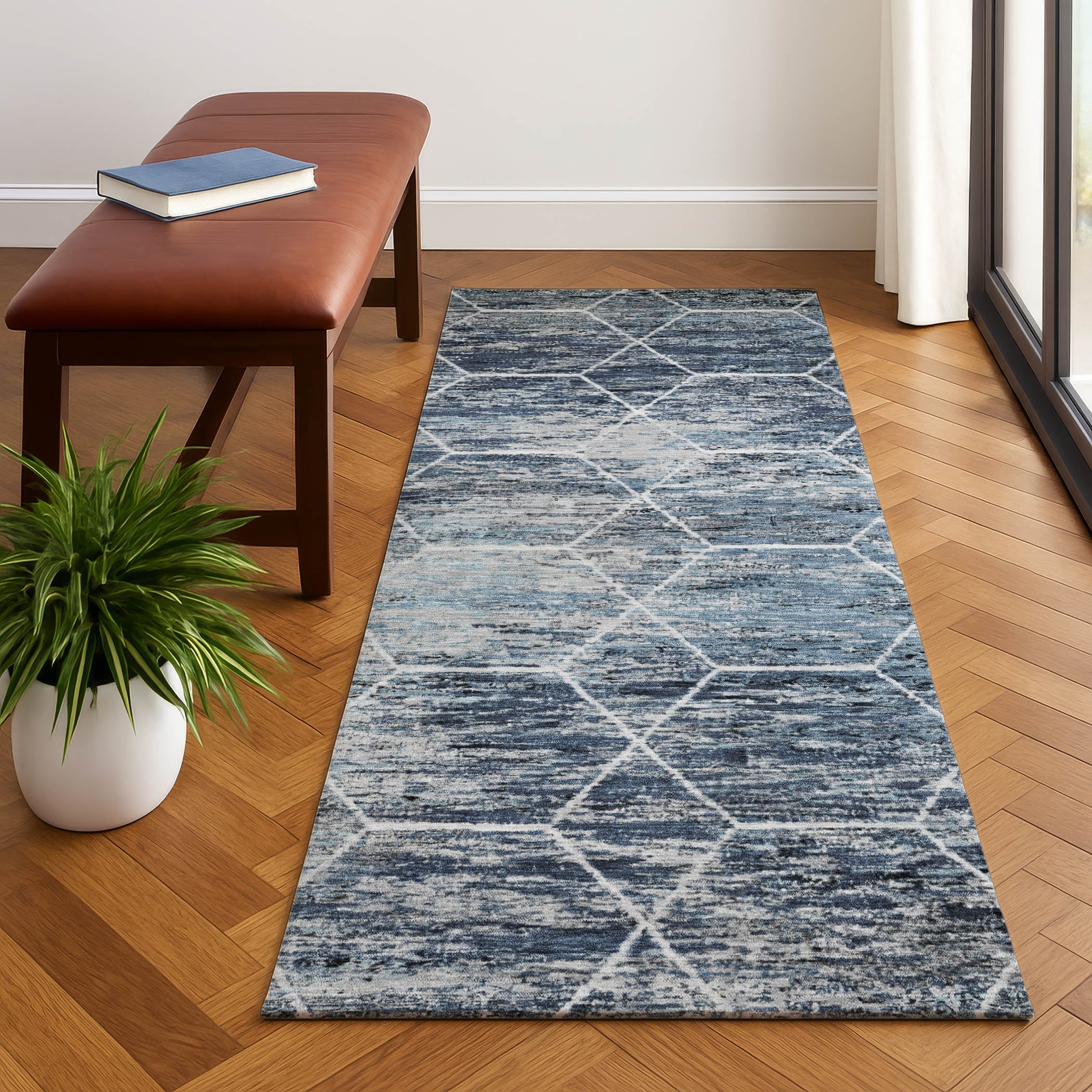 Seoul Machine Washable Transitional Blue Rug 2'3" x 7'6" #shape_Runner