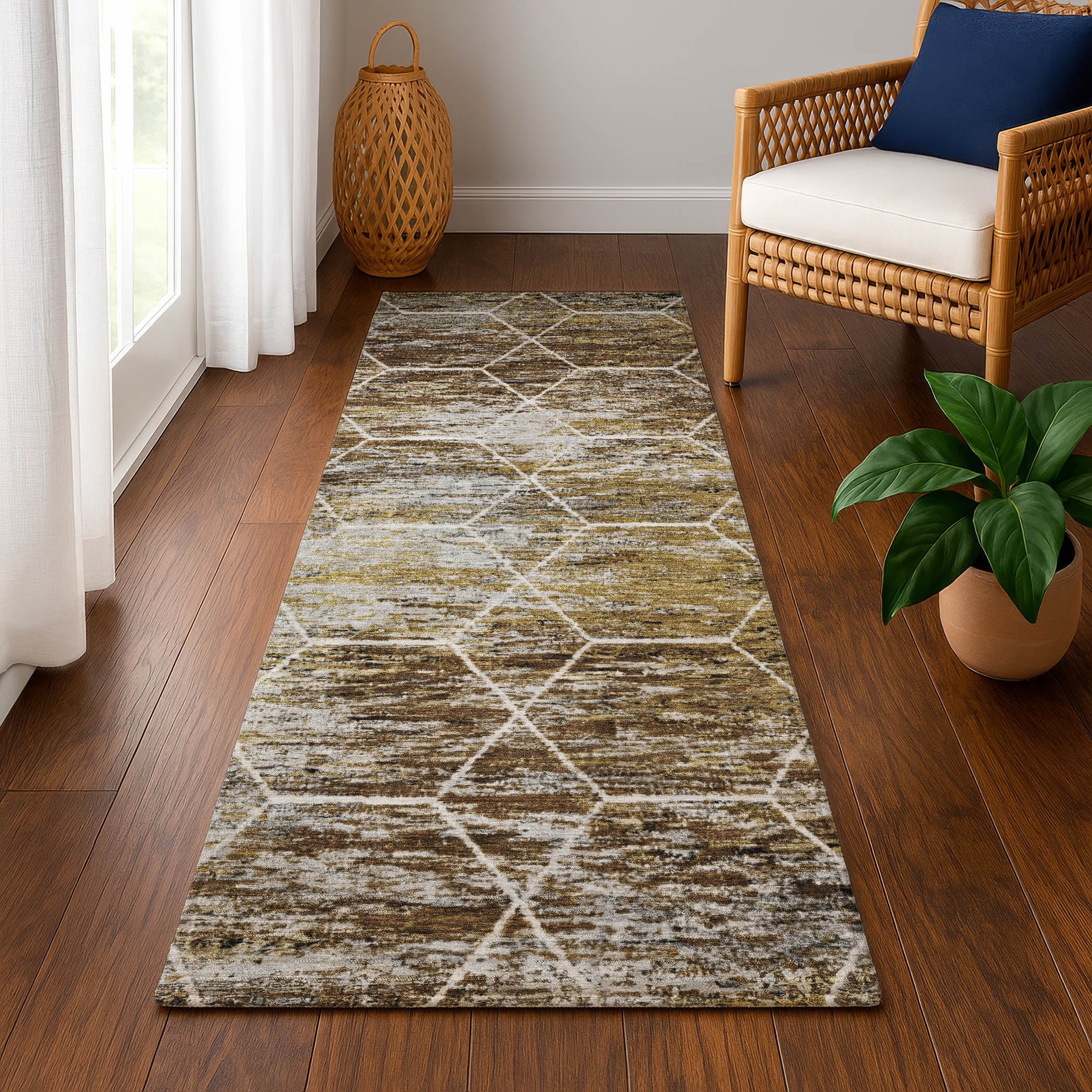 Seoul Machine Washable Transitional Brown Rug 2'3" x 7'6" #shape_Runner