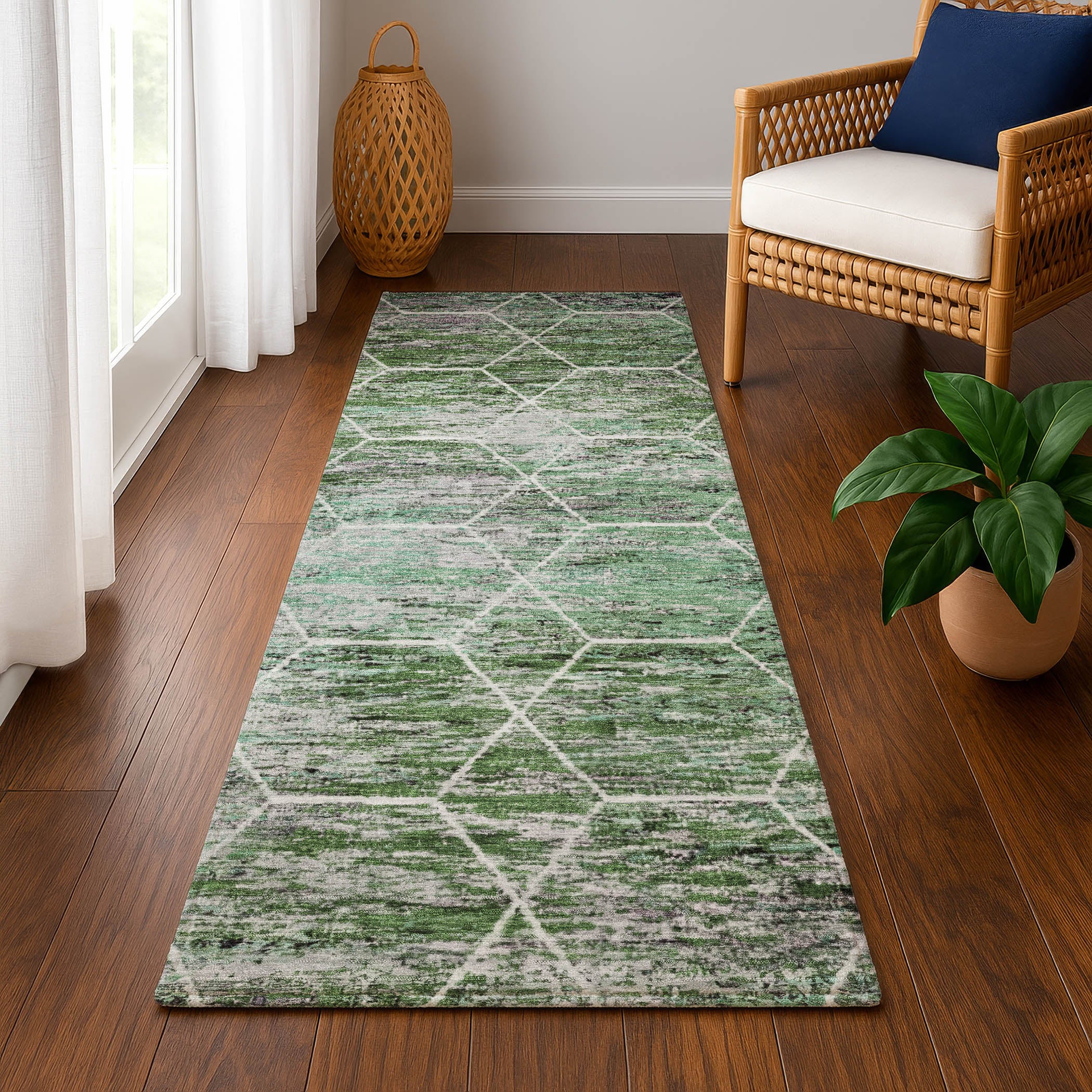 Seoul Machine Washable Transitional Green Rug 2'3" x 7'6" #shape_Runner