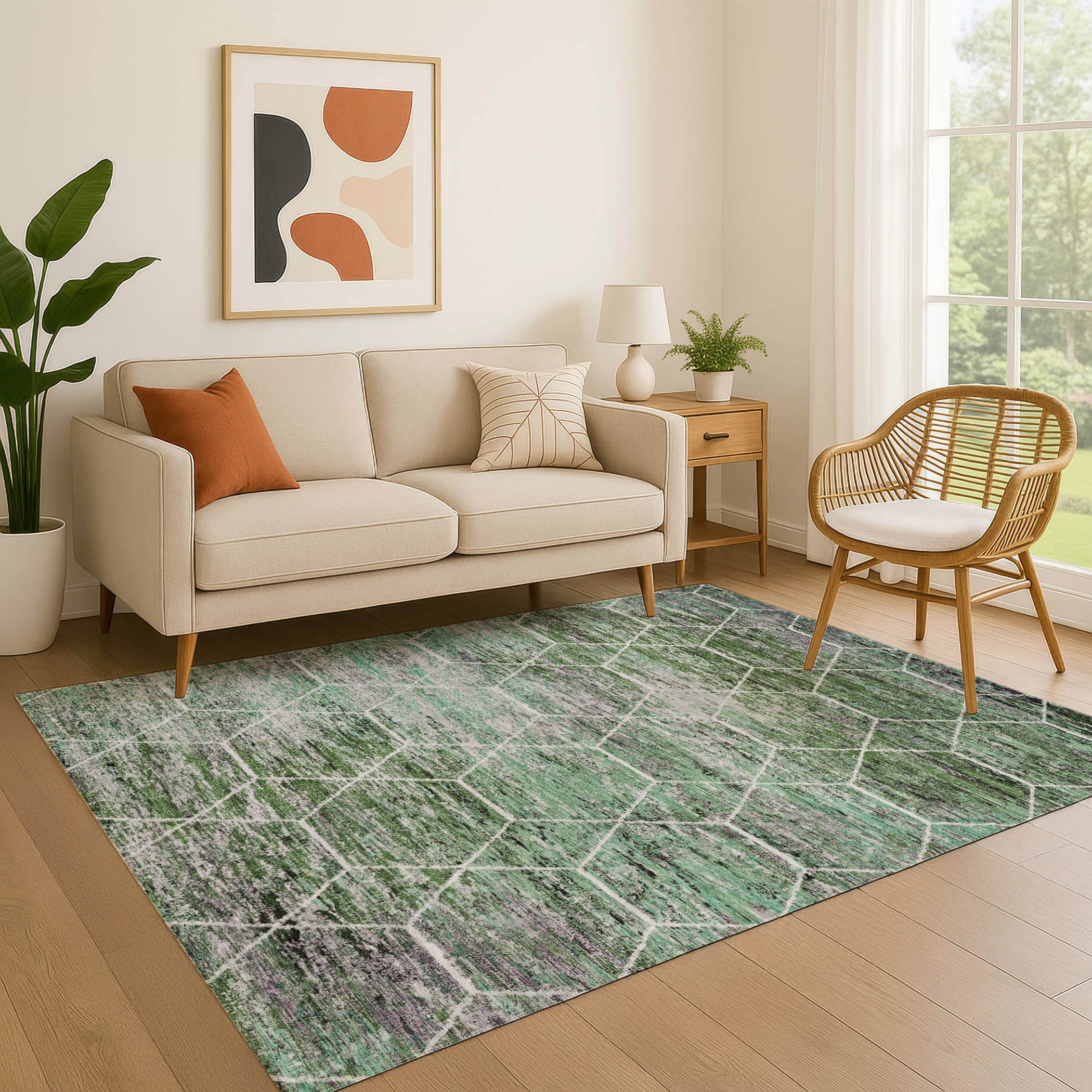 Seoul Machine Washable Transitional Green Rug 2'6" x 3'10" #shape_Rectangle