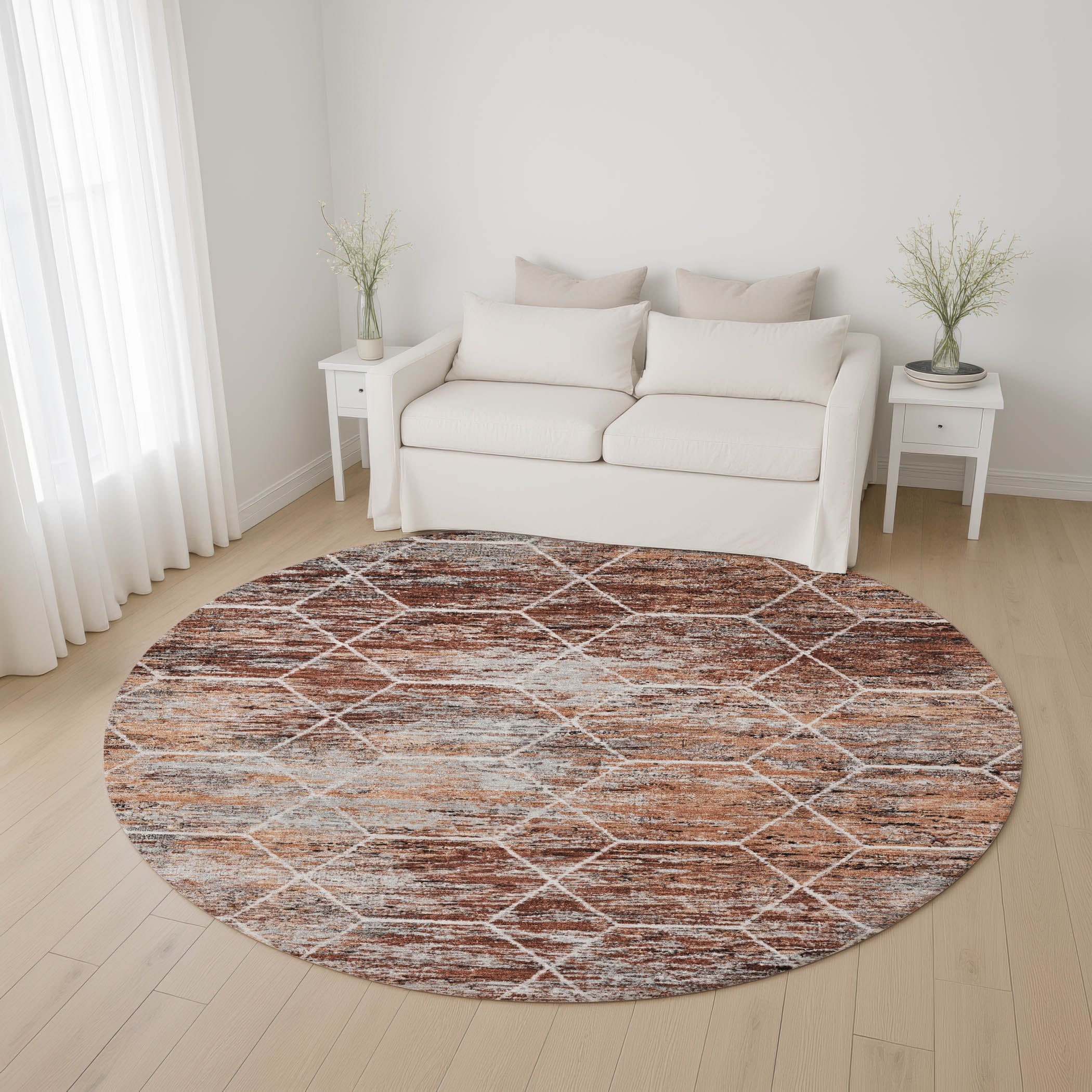 Seoul Machine Washable Transitional Paprika Orange Rug 8' x 8' #shape_Round