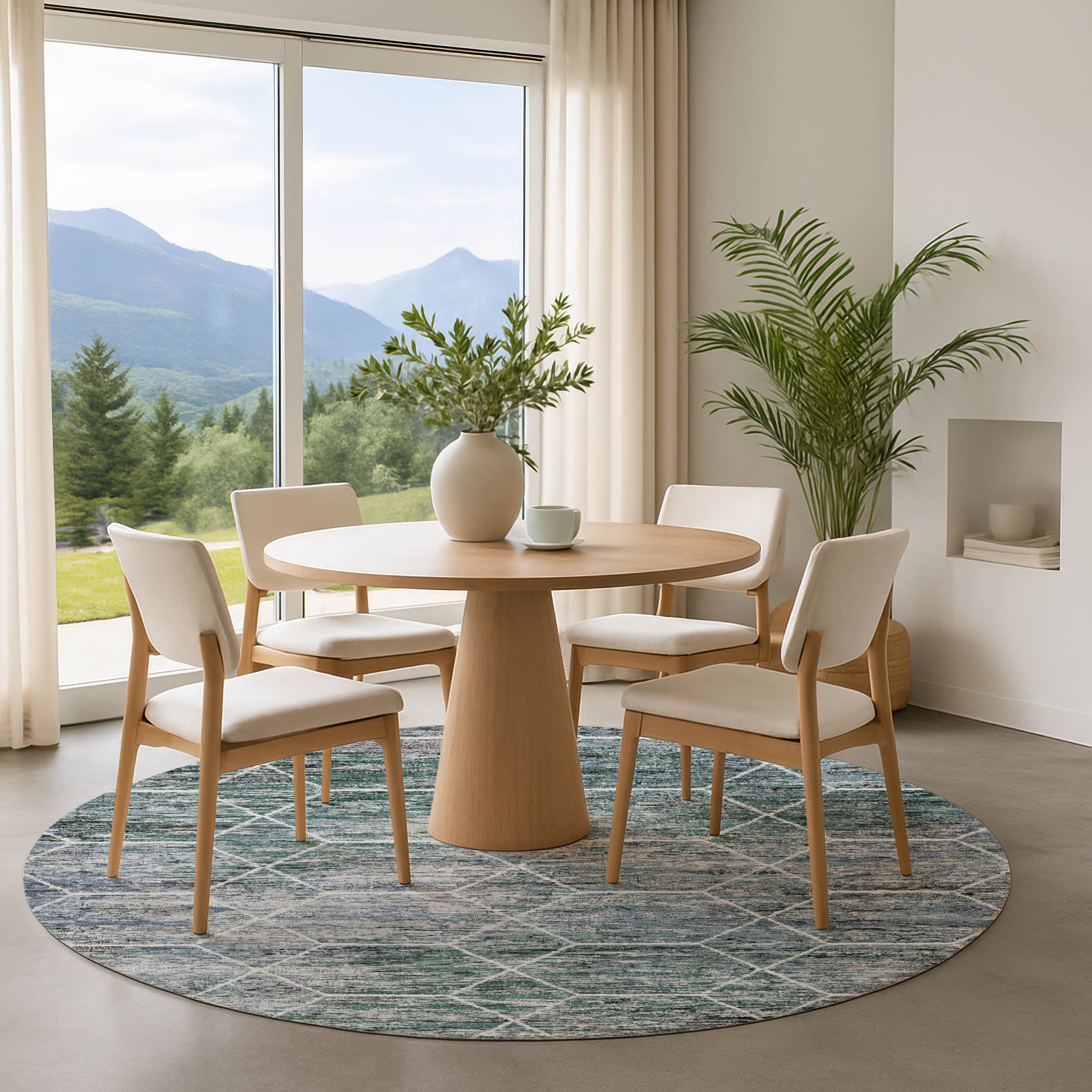 Seoul Machine Washable Transitional Teal Rug 8' x 8' #shape_Round