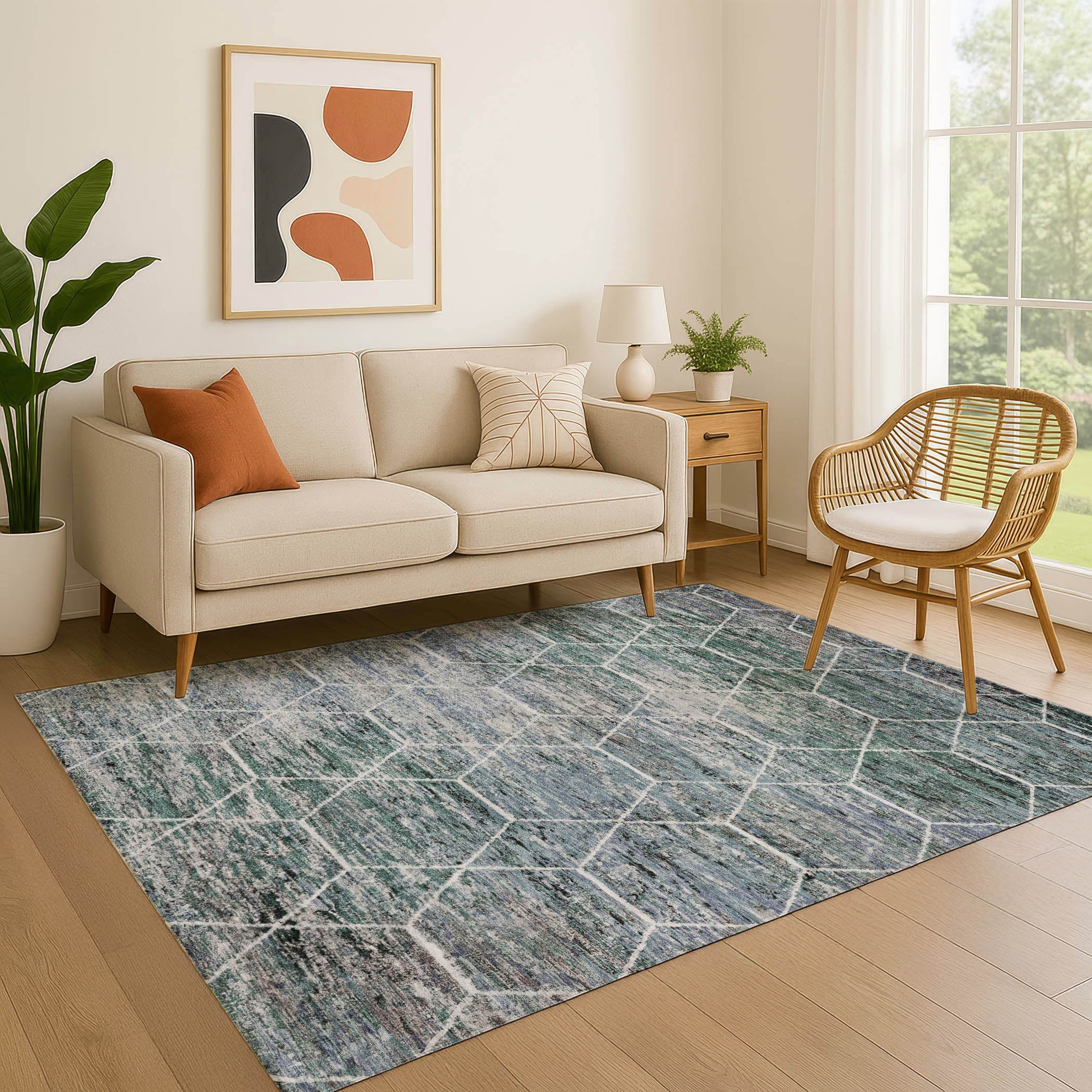 Seoul Machine Washable Transitional Teal Rug 2'6" x 3'10" #shape_Rectangle