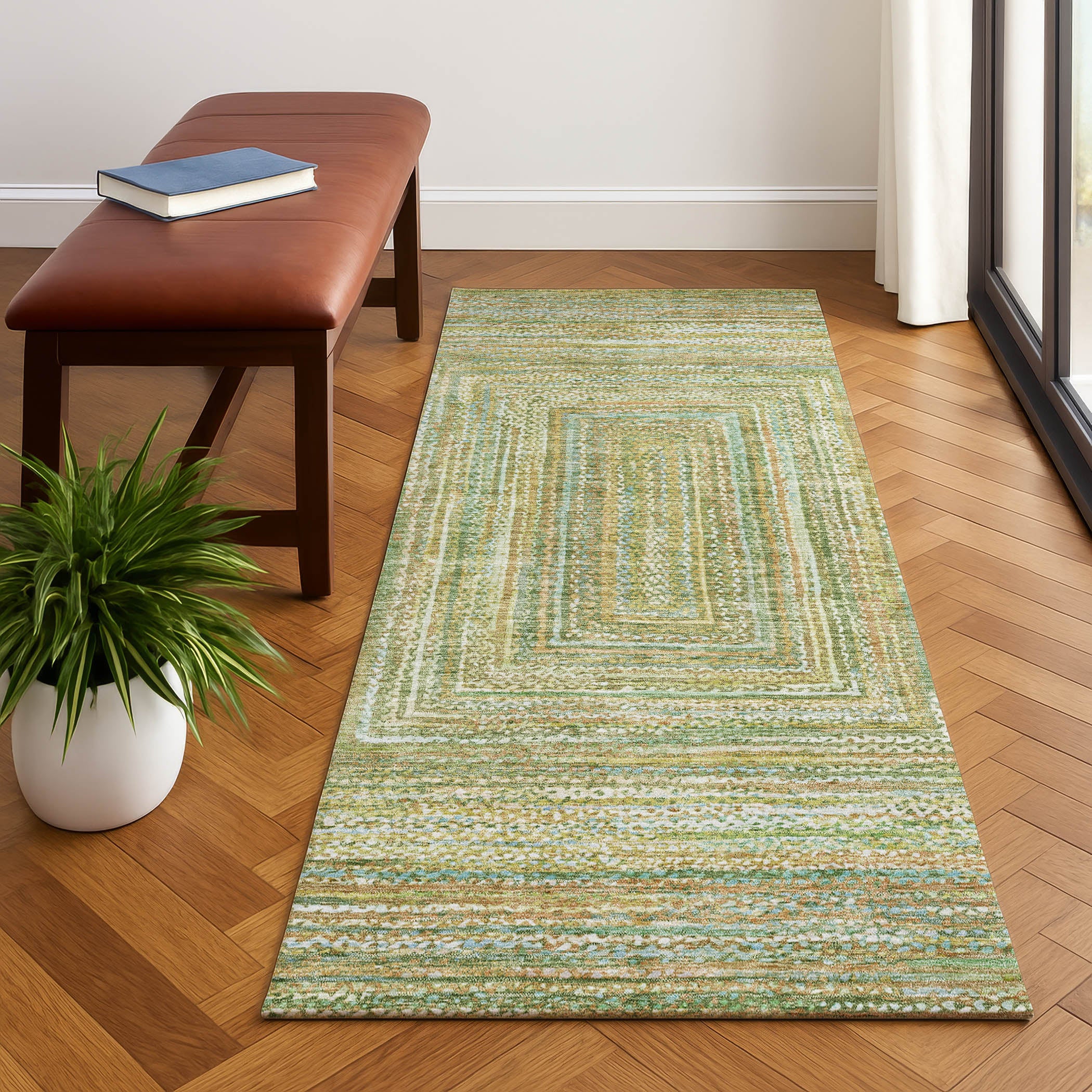 Seoul Machine Washable Transitional Aloe Green Rug 2'3" x 7'6" #shape_Runner