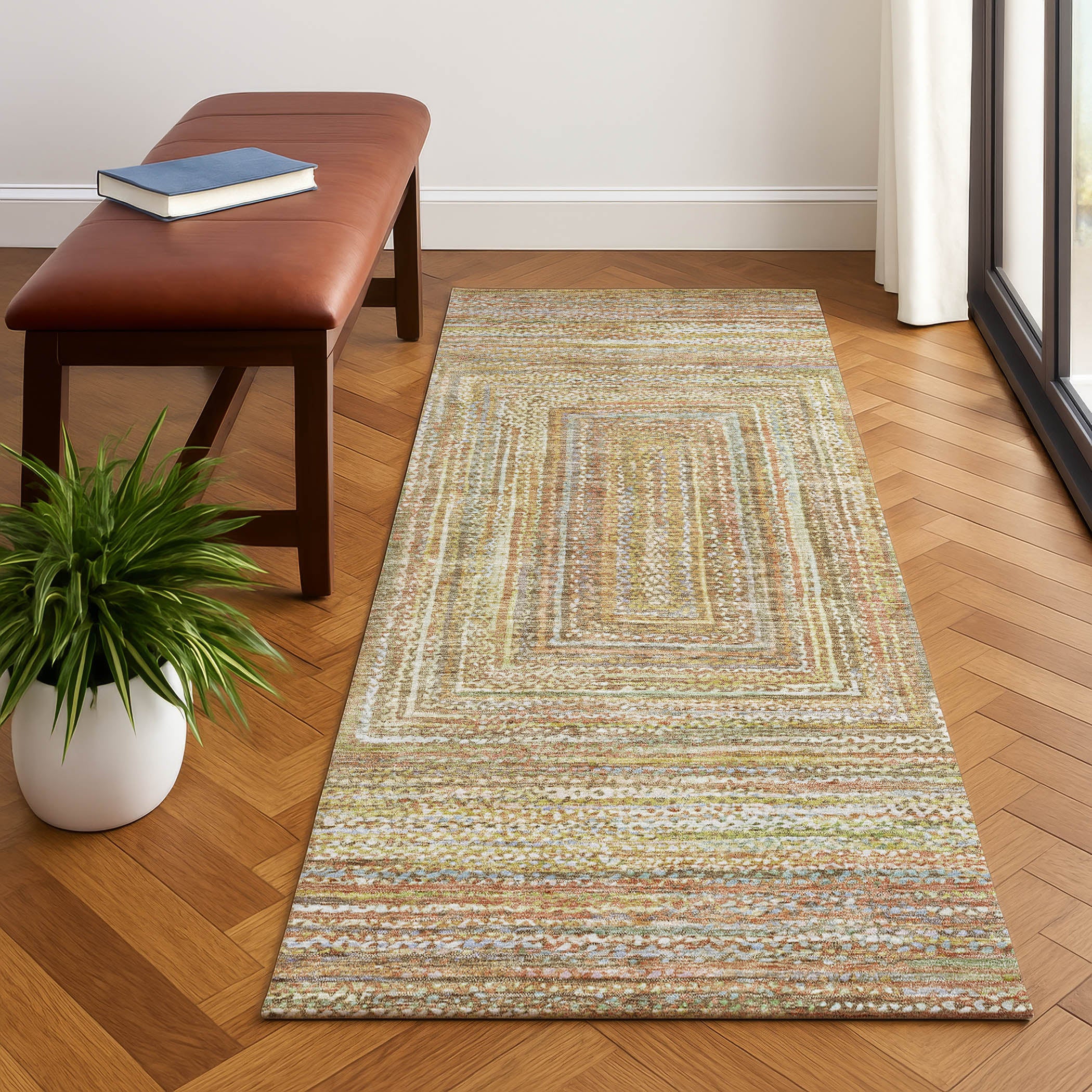 Seoul Machine Washable Transitional Tan Brown Rug 2'3" x 7'6" #shape_Runner
