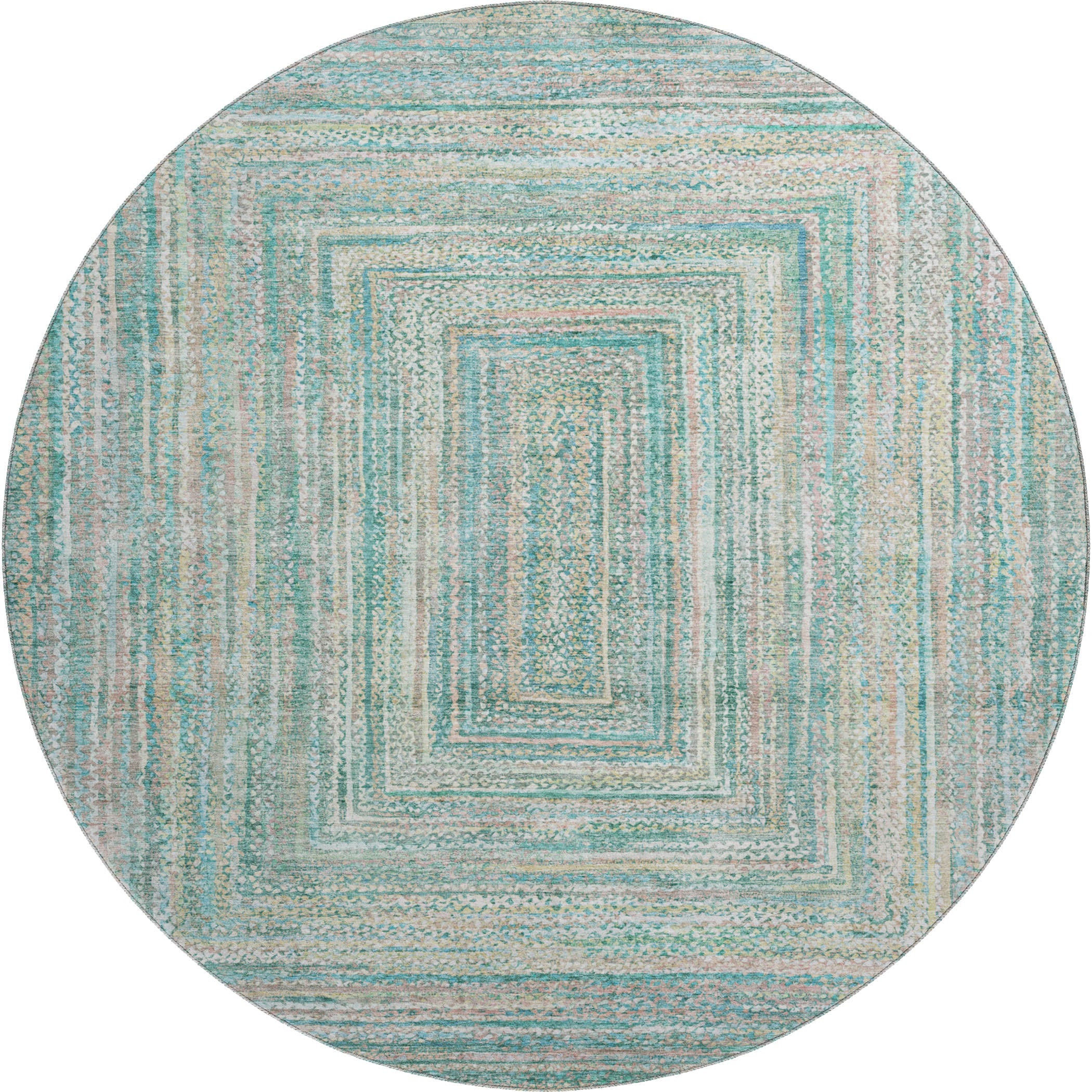 Seoul Machine Washable Transitional Teal Rug 8' x 8' #shape_Round