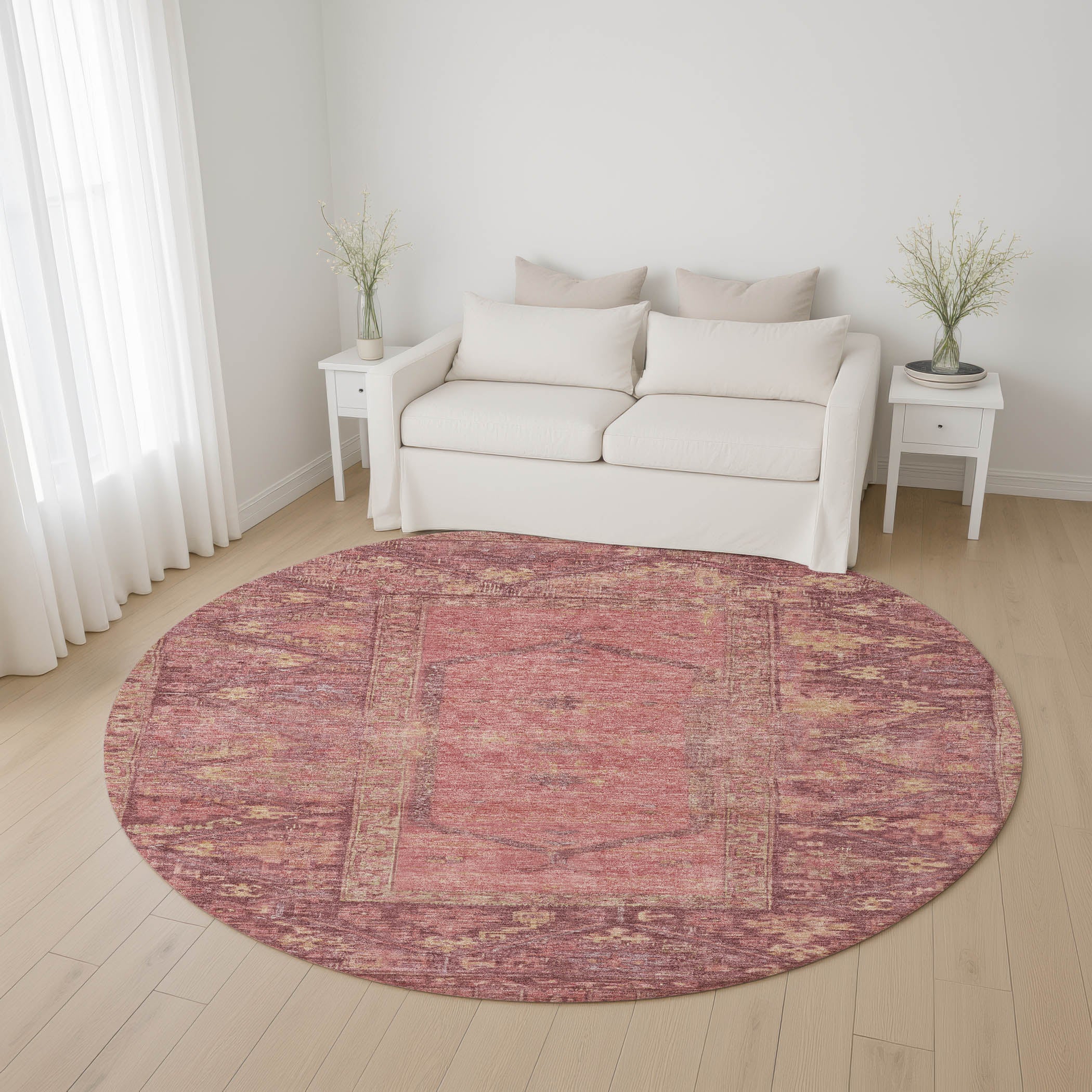 Cusco Machine Washable Traditional Blush Pink Rug 8' x 8' #shape_Round