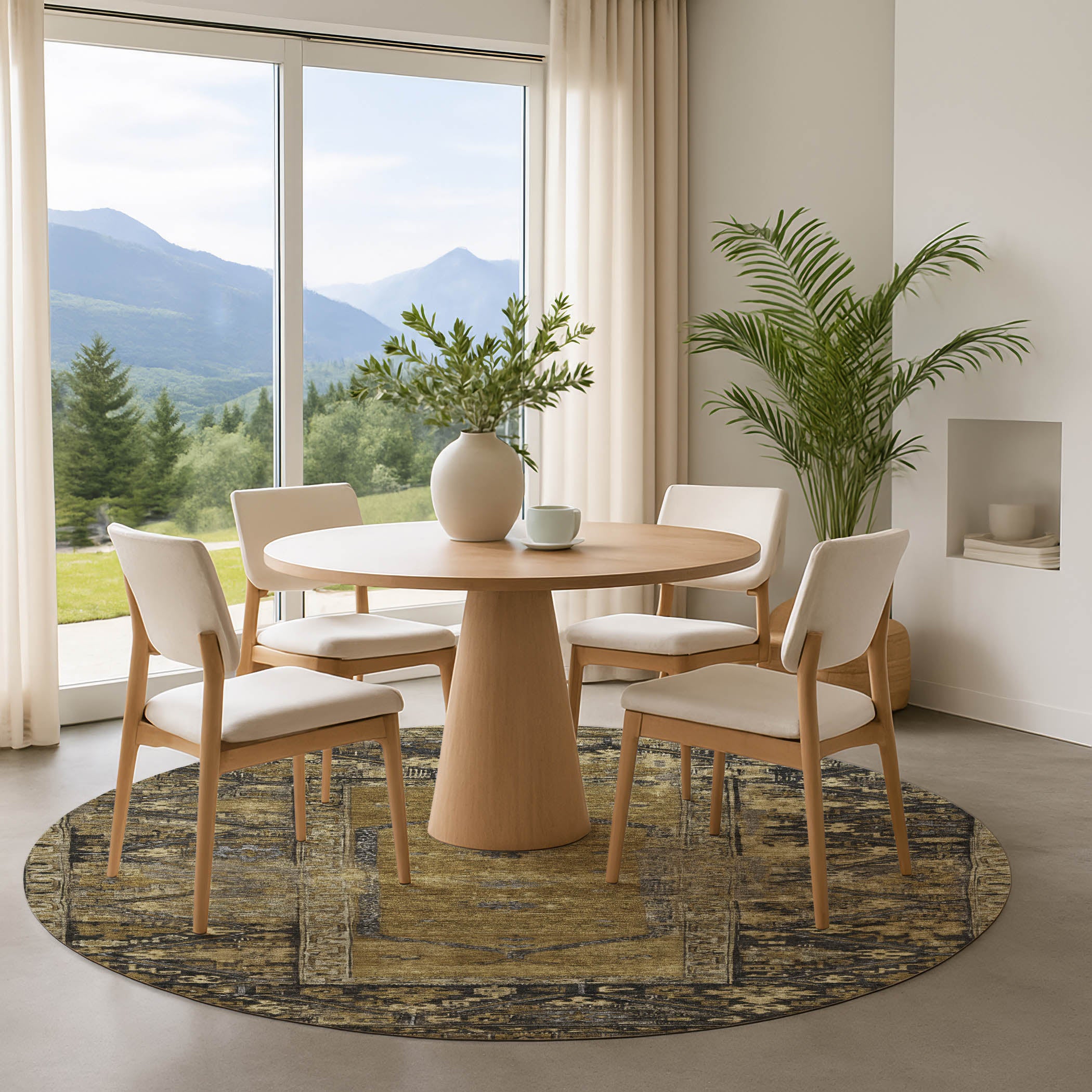 Cusco Machine Washable Traditional Brown Rug 8' x 8' #shape_Round