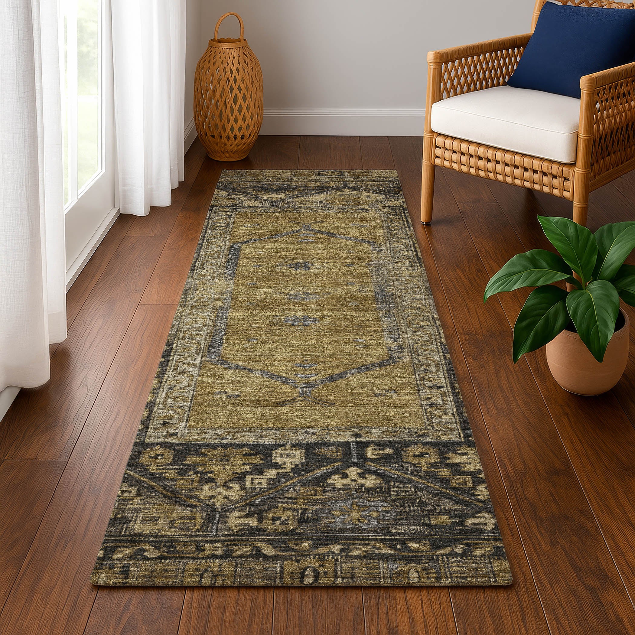 Cusco Machine Washable Traditional Brown Rug 2'3" x 7'6" #shape_Runner