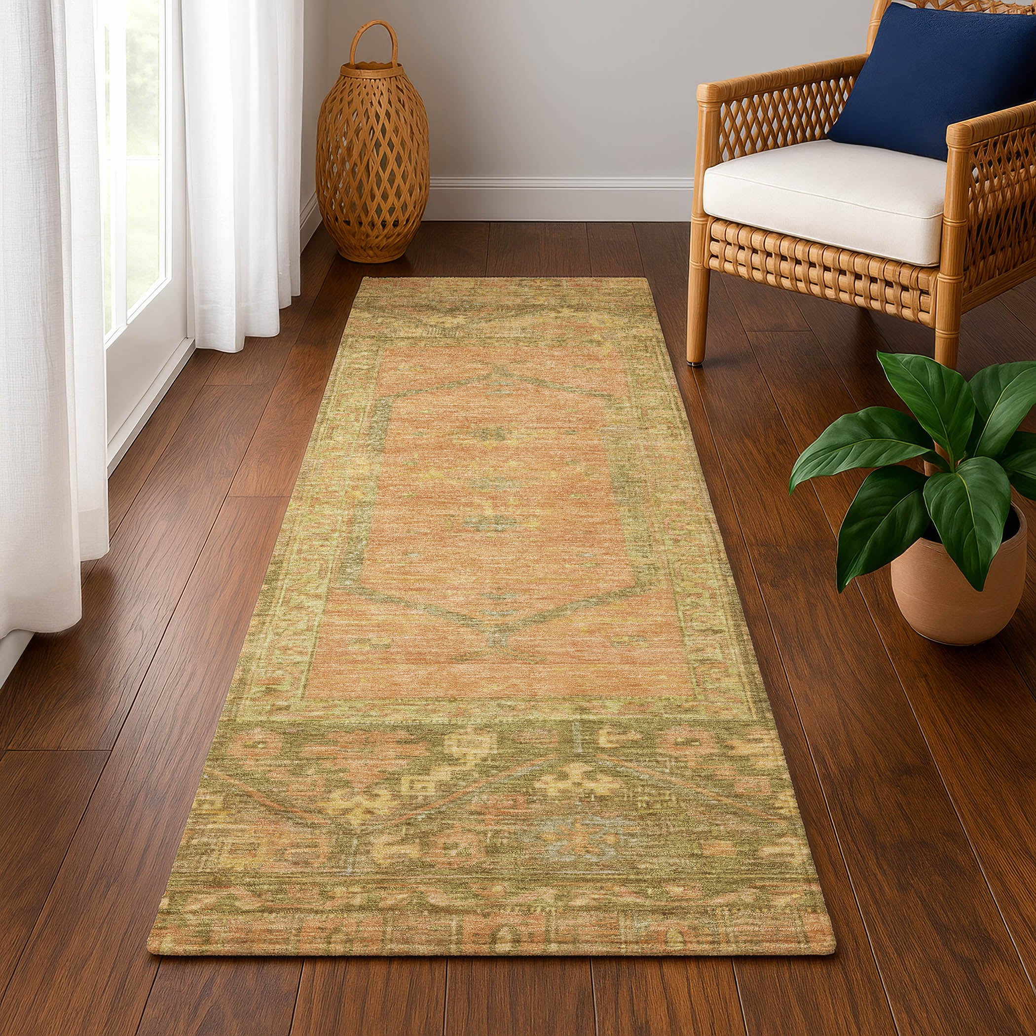 Cusco Machine Washable Traditional Coral Orange Rug 2'3" x 7'6" #shape_Runner
