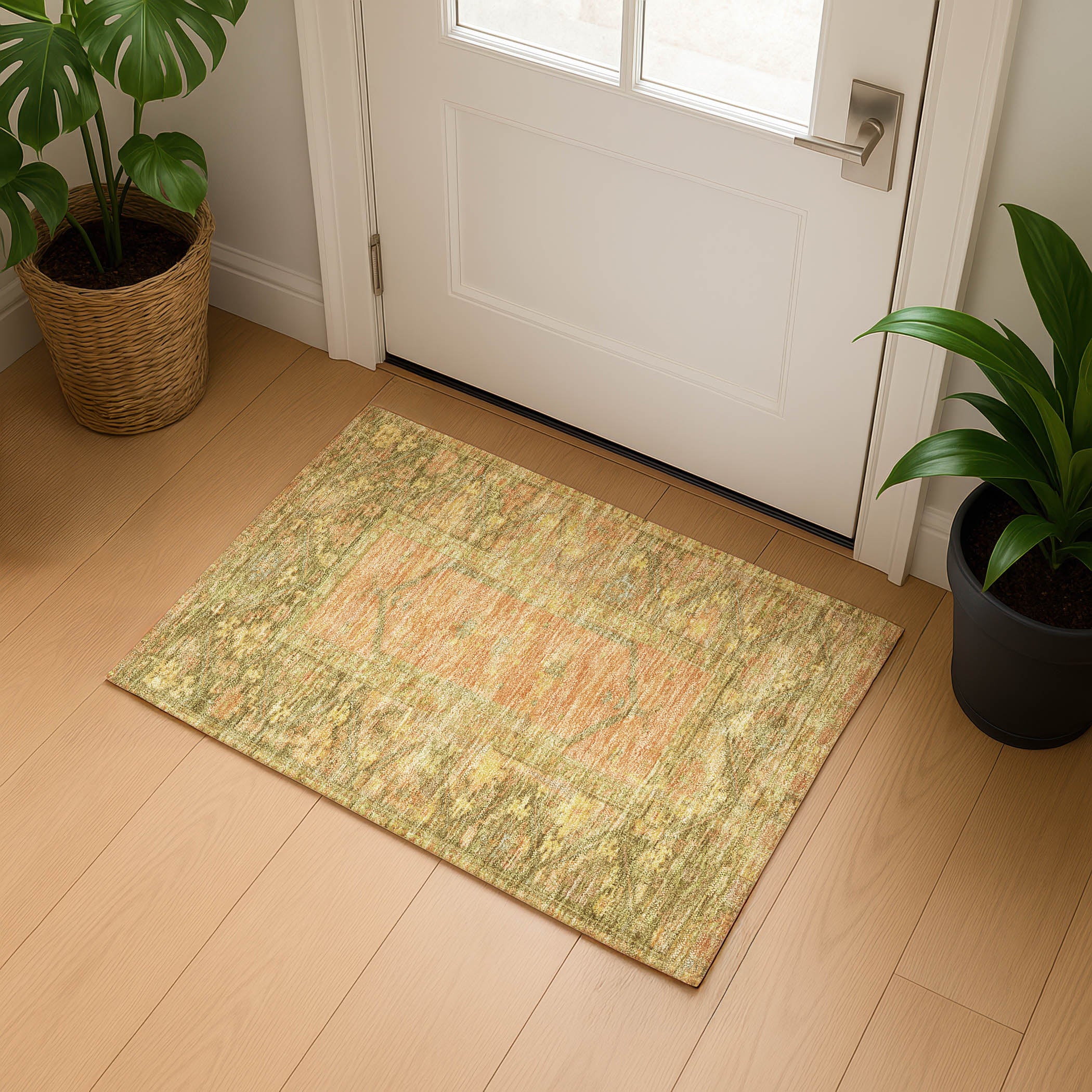 Cusco Machine Washable Traditional Coral Orange Rug 1'8" x 2'6" #shape_Rectangle