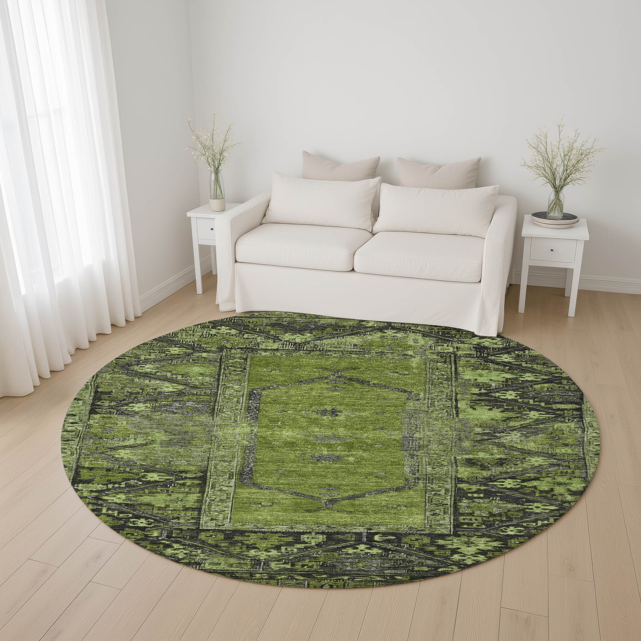 Cusco Machine Washable Traditional Olive Green Rug 8' x 8' #shape_Round