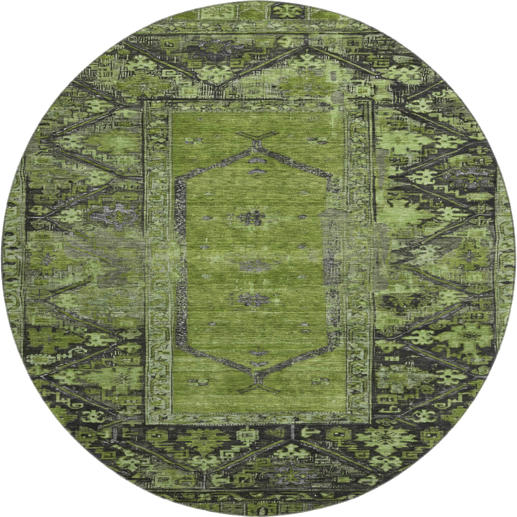 Cusco Machine Washable Traditional Olive Green Rug 8' x 8' #shape_Round
