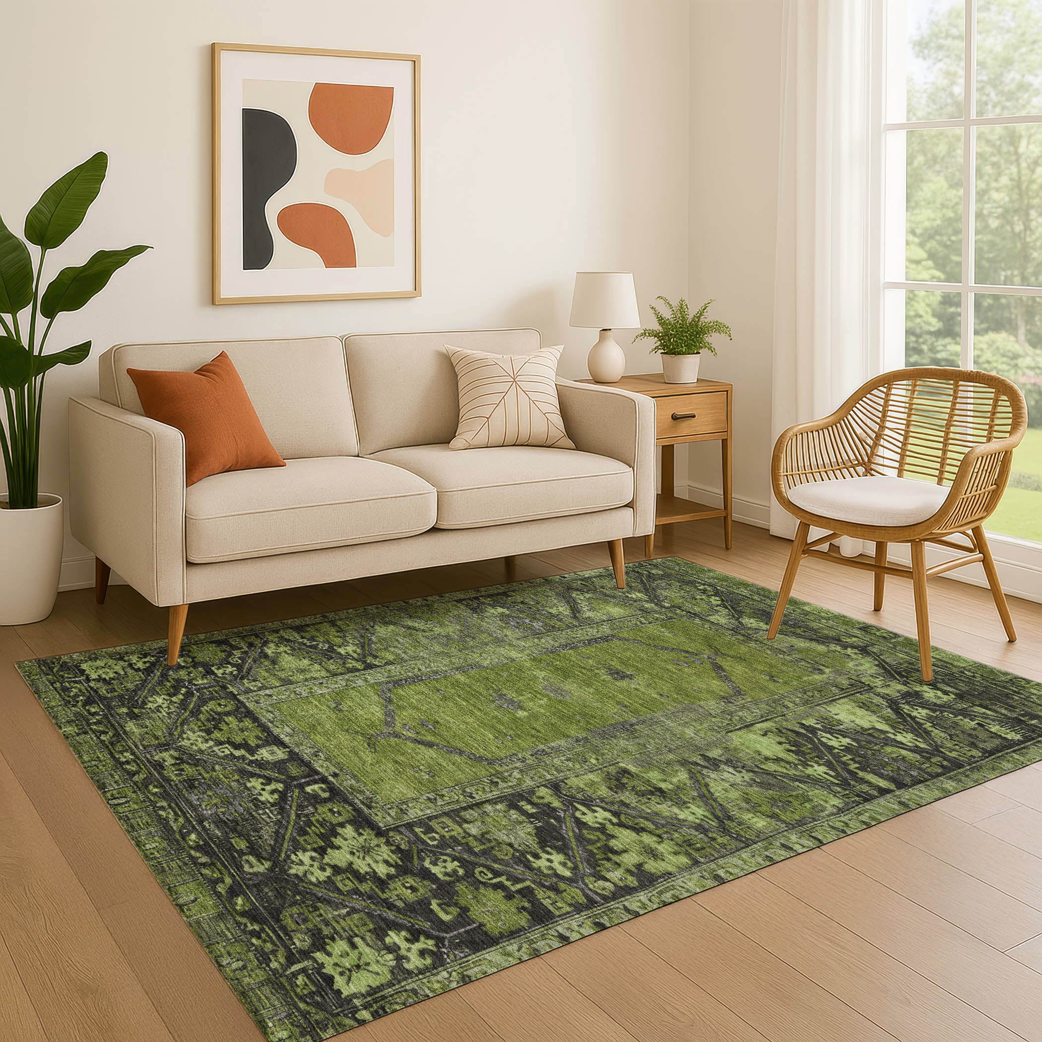 Cusco Machine Washable Traditional Olive Green Rug 2'6" x 3'10" #shape_Rectangle