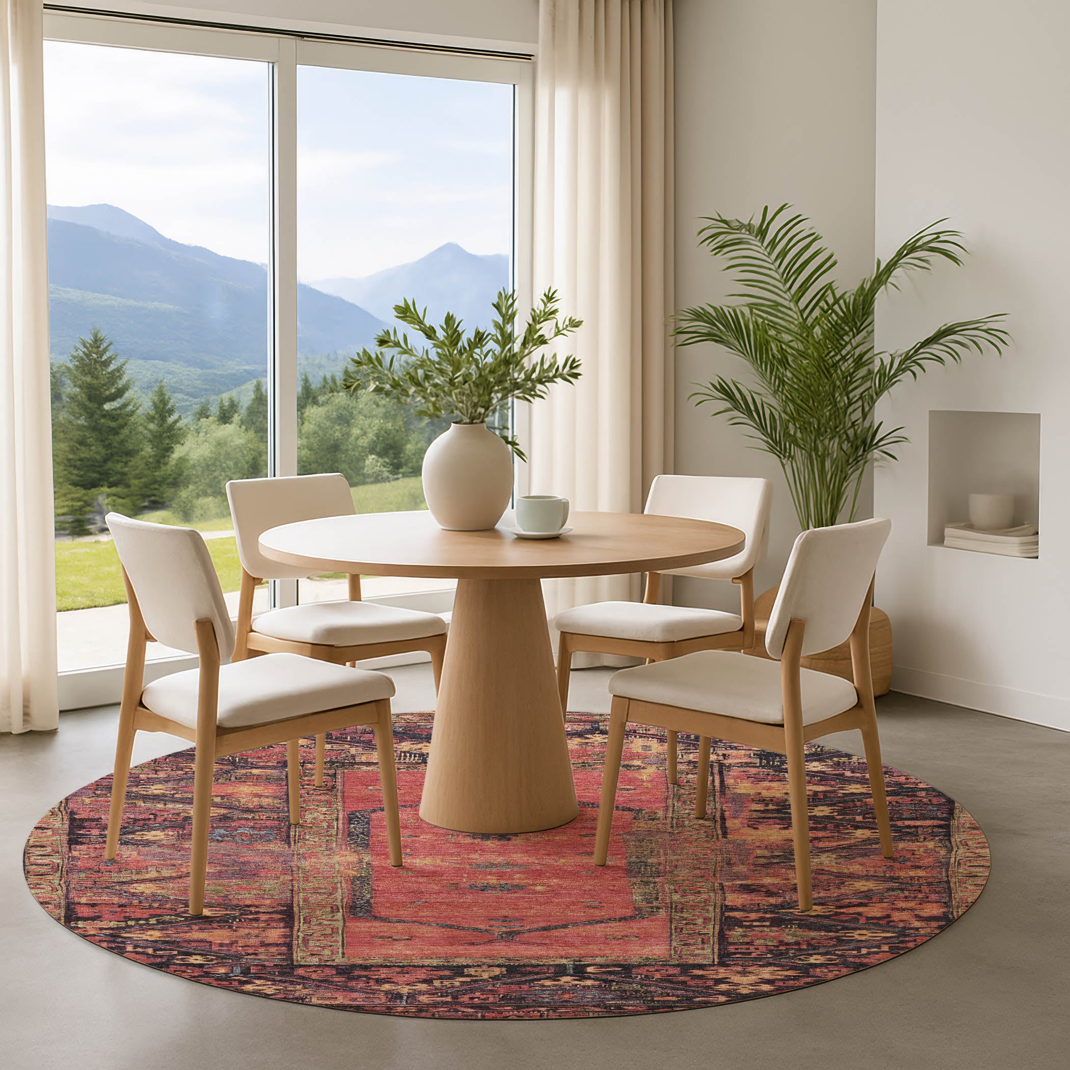 Cusco Machine Washable Traditional Salmon Orange Rug 8' x 8' #shape_Round