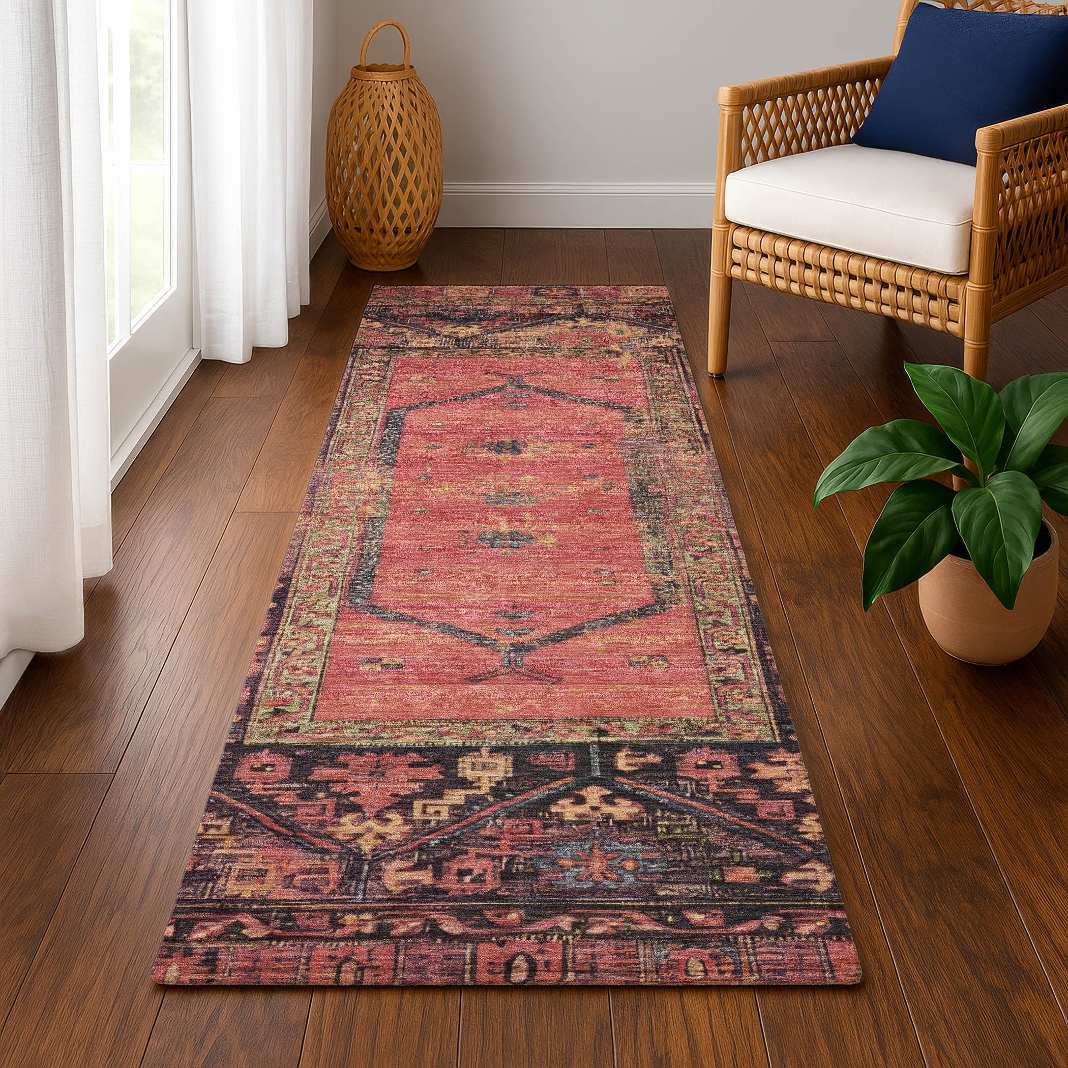 Cusco Machine Washable Traditional Salmon Orange Rug 2'3" x 7'6" #shape_Runner
