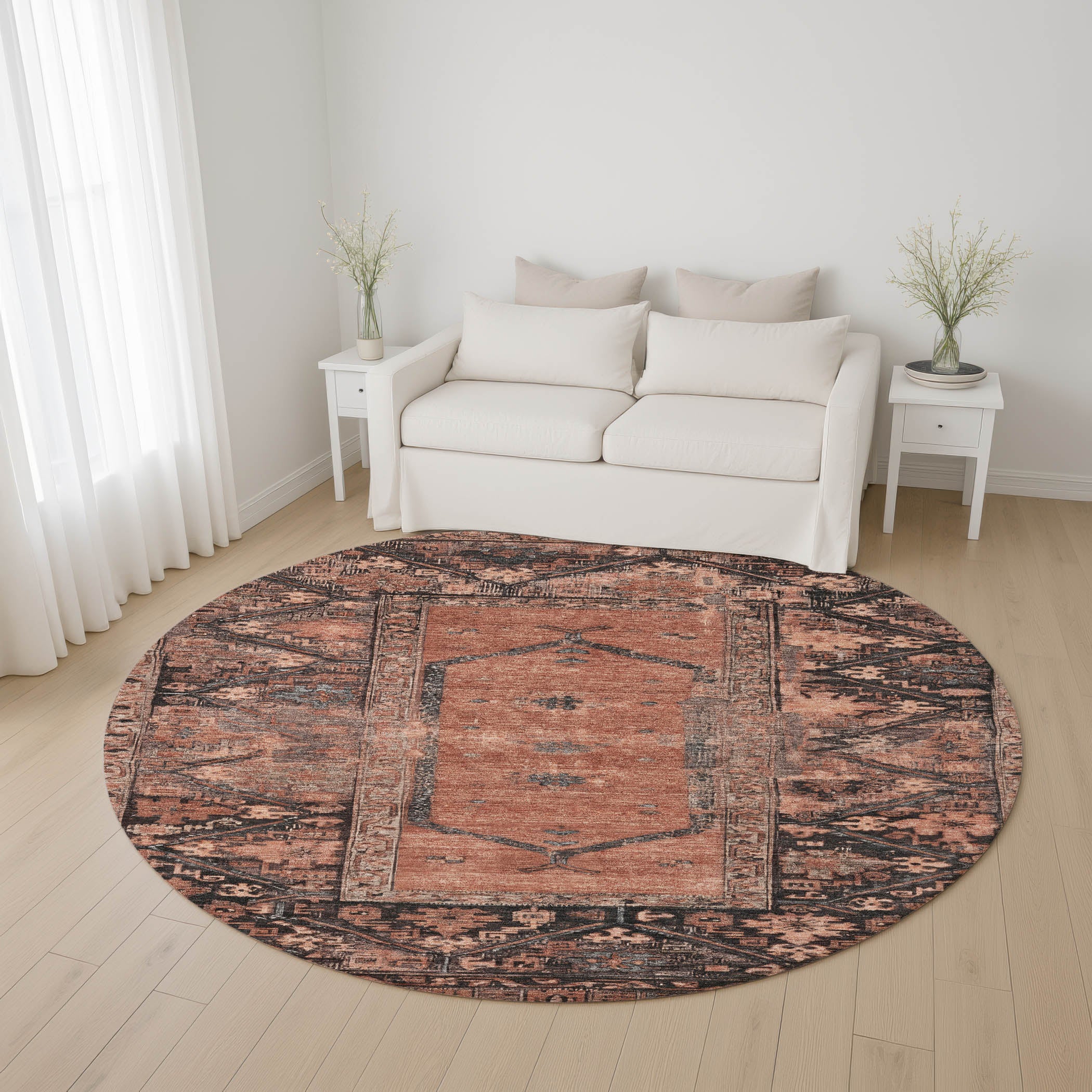 Cusco Machine Washable Traditional Terracotta Orange Rug 8' x 8' #shape_Round