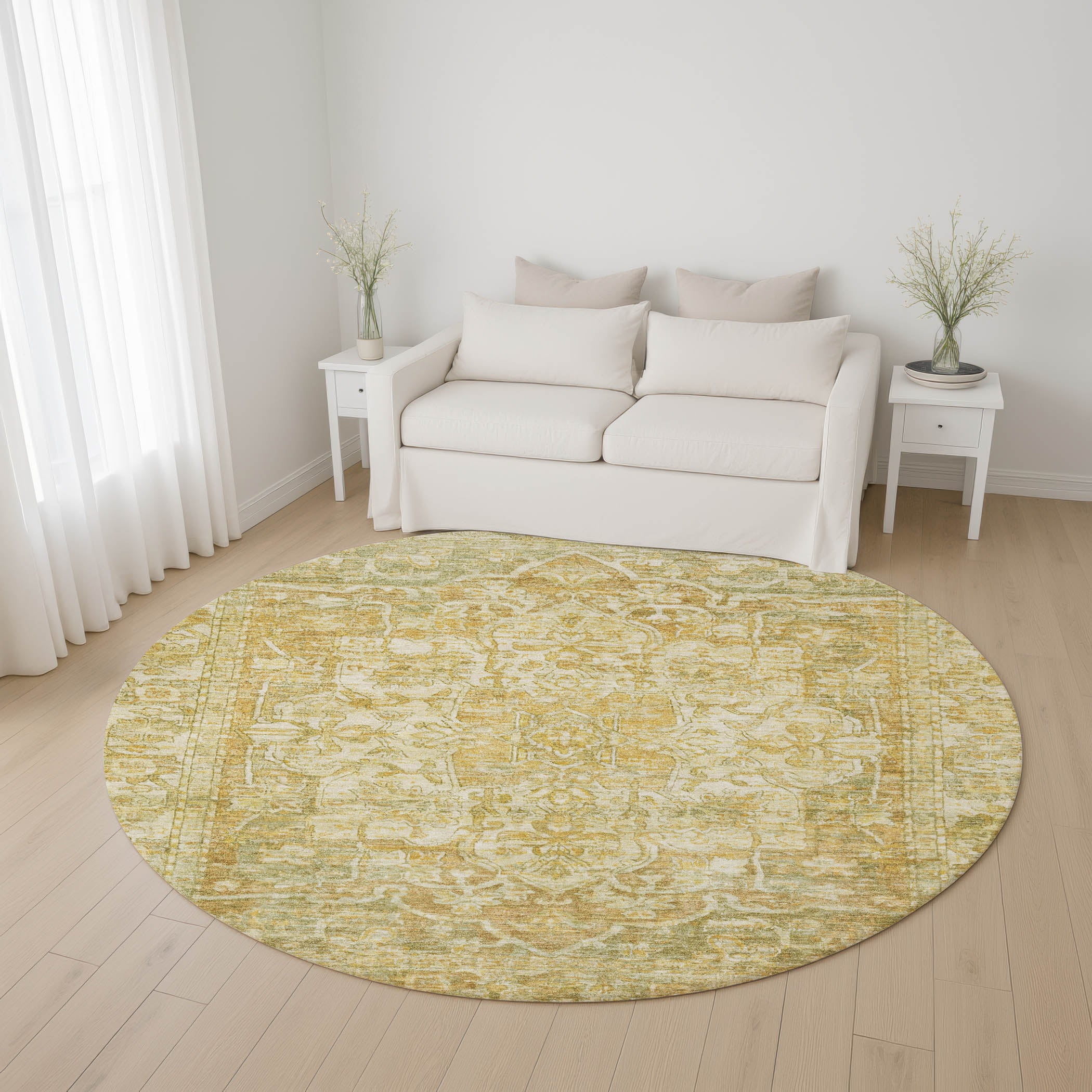 Ghent Machine Washable Traditional Tan Brown Rug 8' x 8' #shape_Round