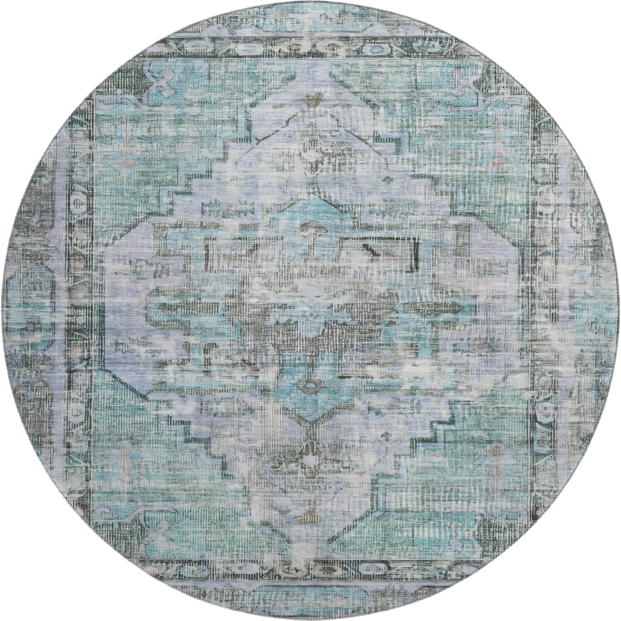 Istanbul Machine Washable Traditional Teal Rug 8' x 8' #shape_Round