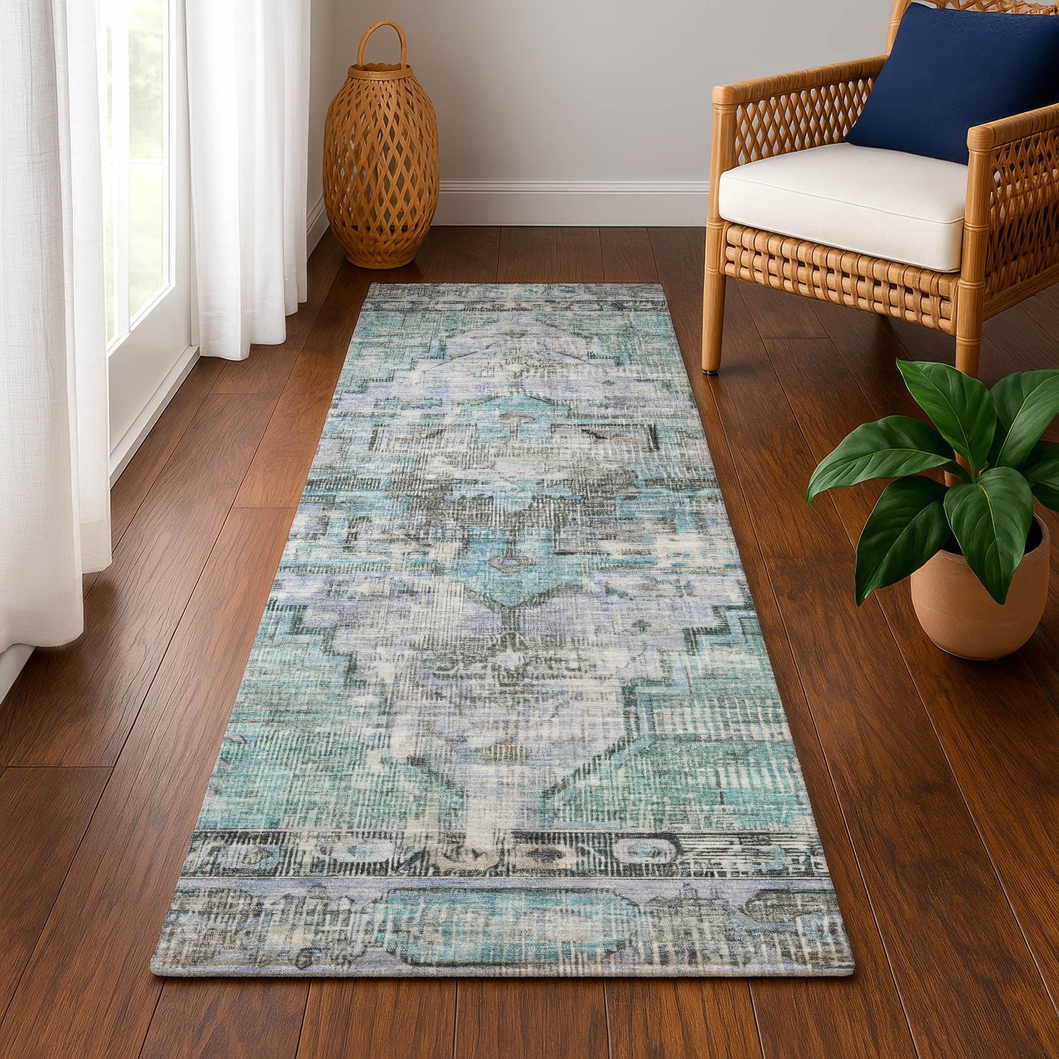 Istanbul Machine Washable Traditional Teal Rug 2'3" x 7'6" #shape_Runner