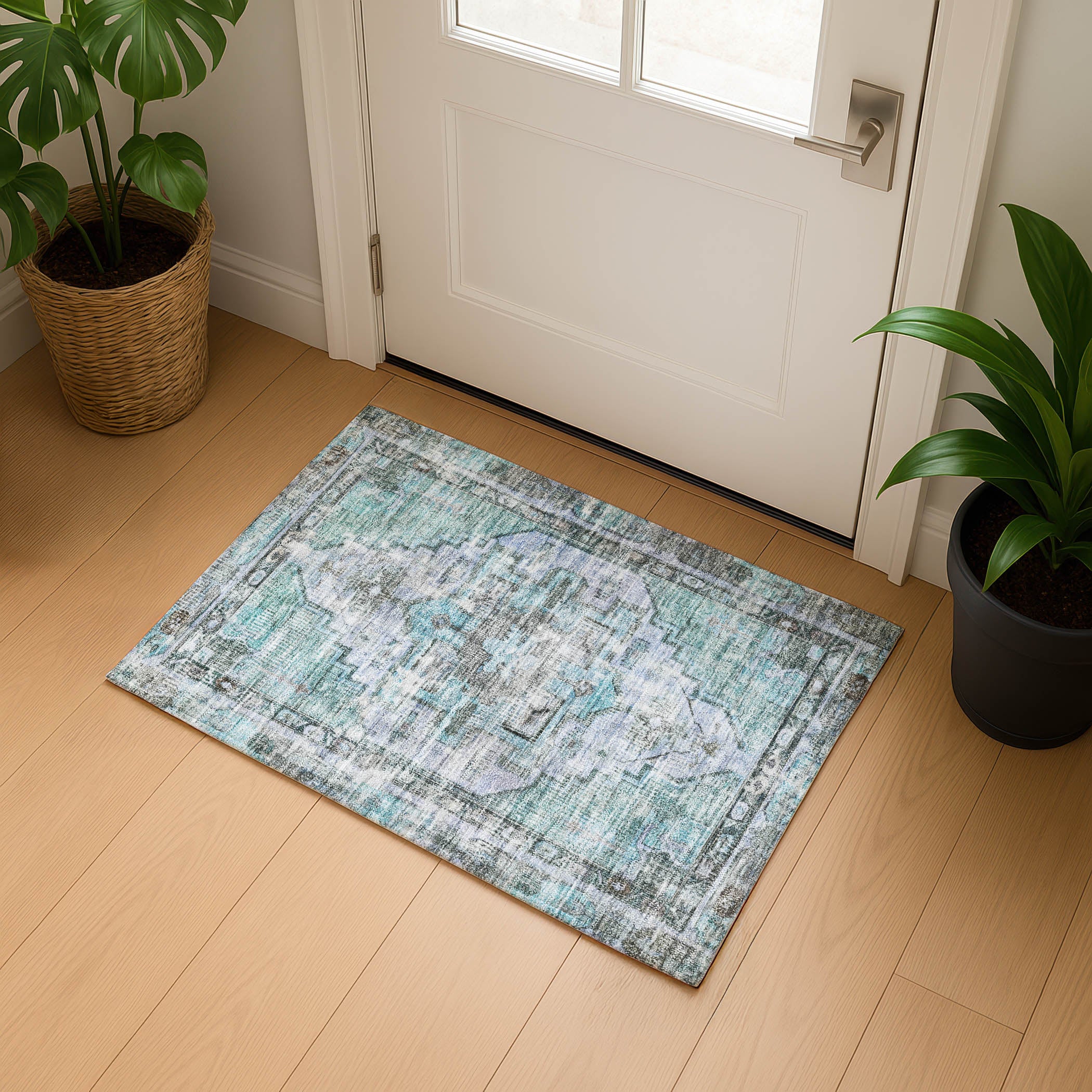 Istanbul Machine Washable Traditional Teal Rug 1'8" x 2'6" #shape_Rectangle