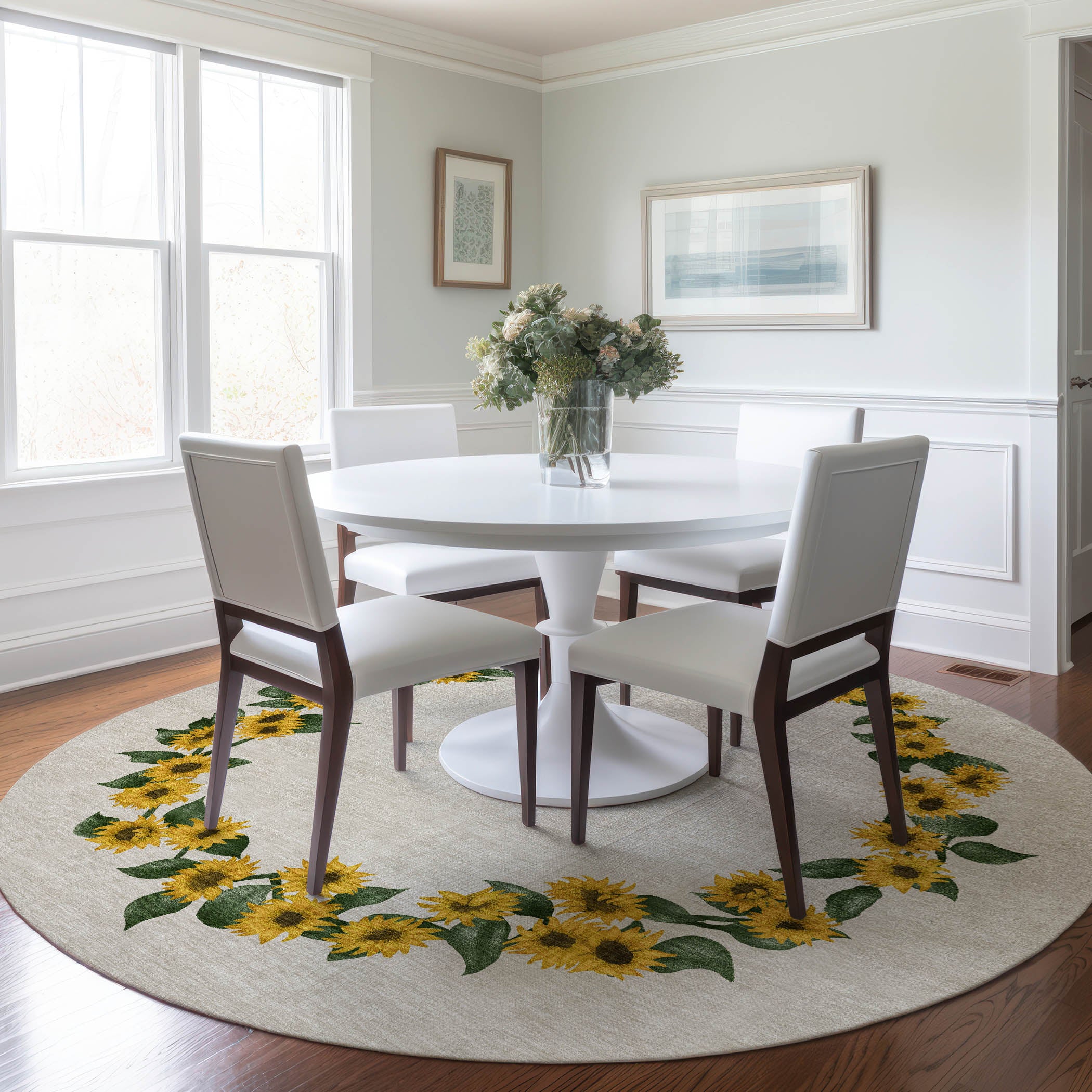 Split Machine Washable Kitchen Yellow Beige Rug 8' x 8' #shape_Round