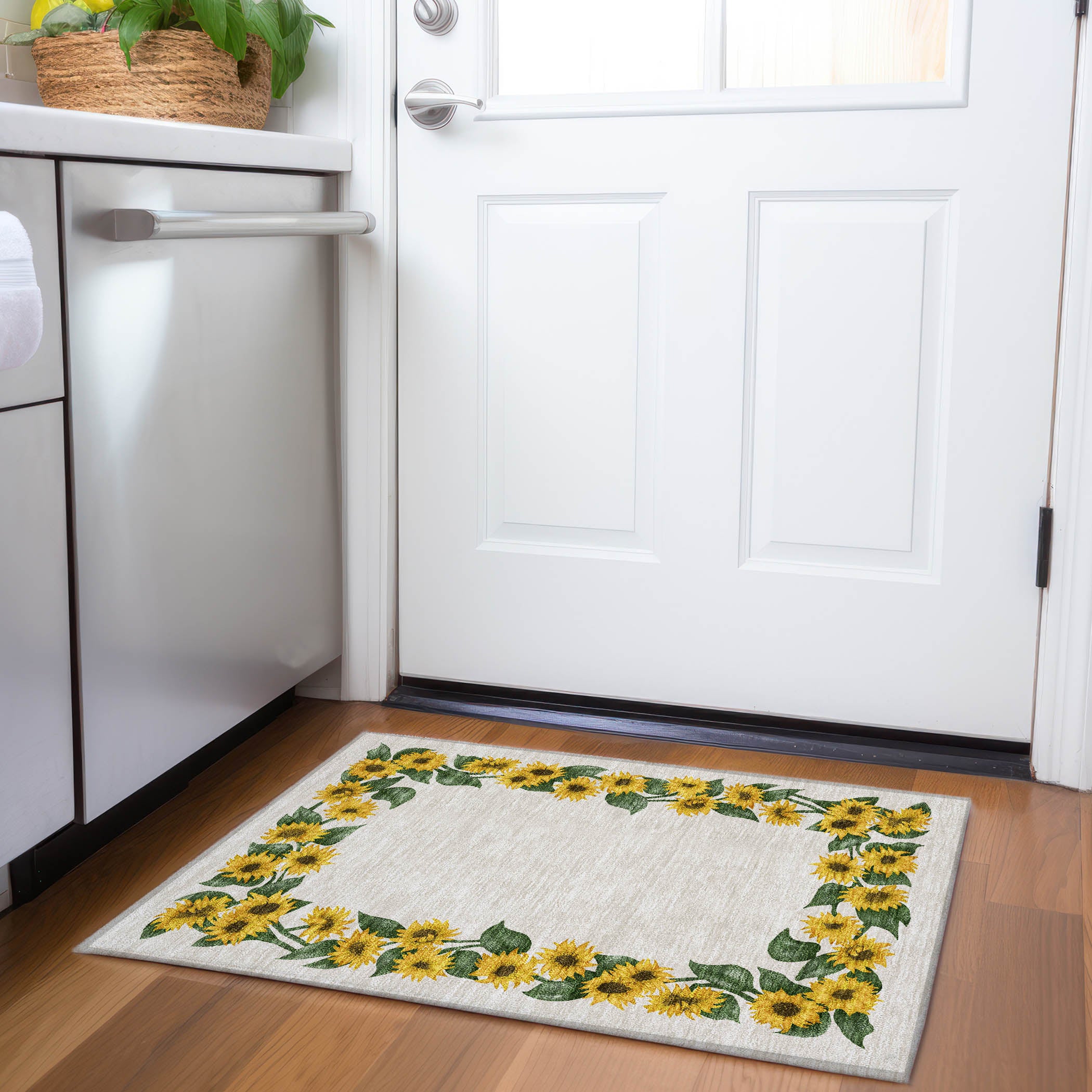 Split Machine Washable Kitchen Yellow Beige Rug 1'8" x 2'6" #shape_Rectangle